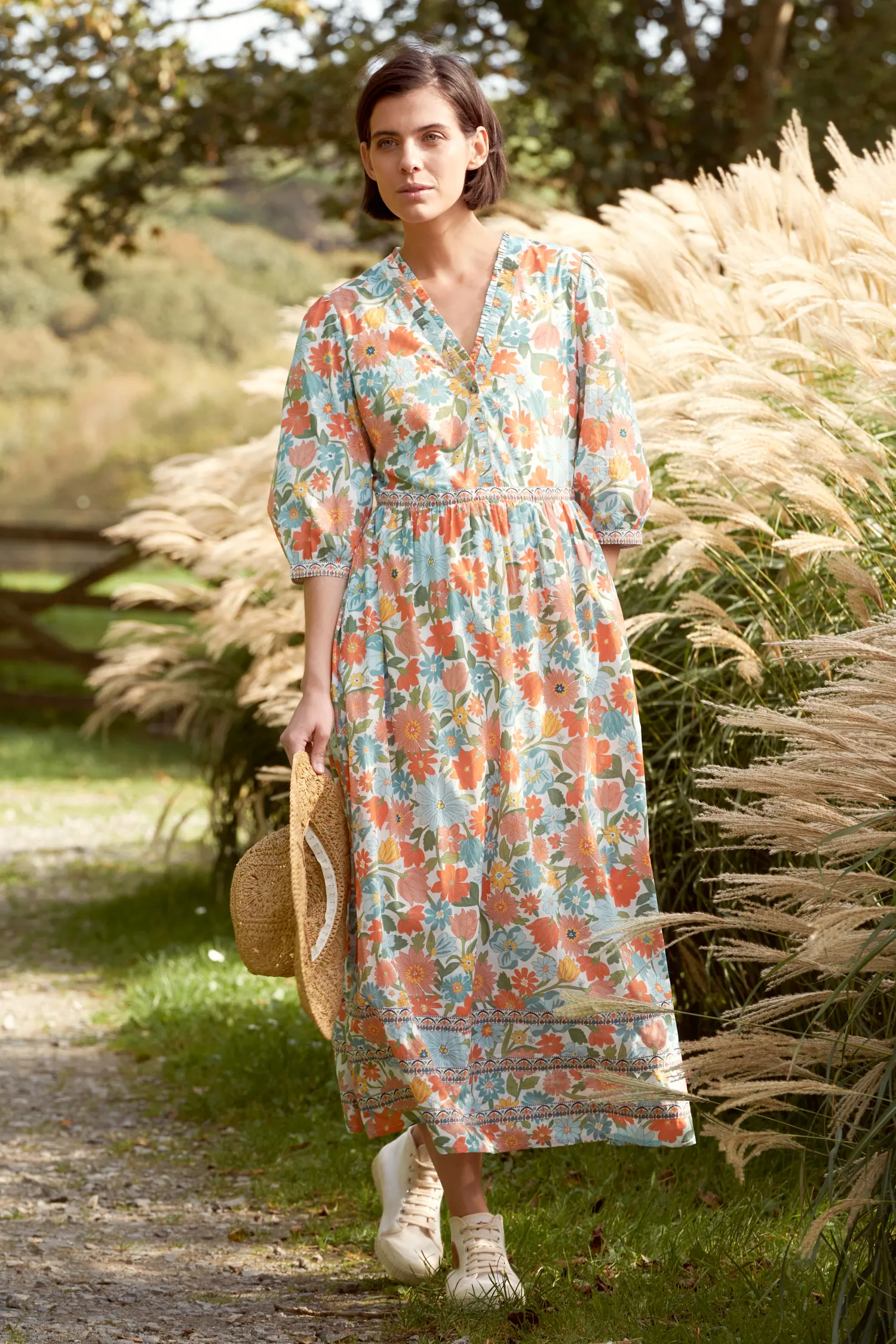 Blue Hills Border V-Neck Floral Dress
