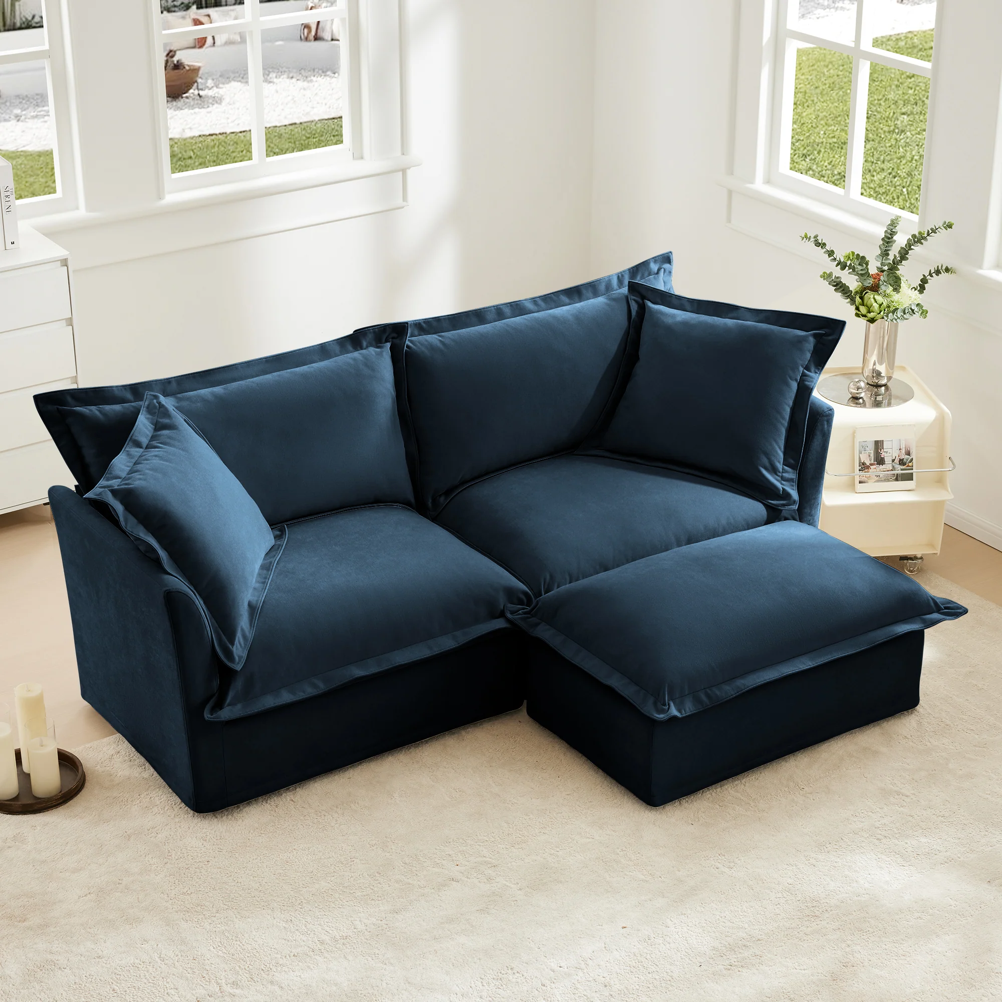 Walker Edison | Cloud Slipcovered Sectional Blue Sofa Ottoman