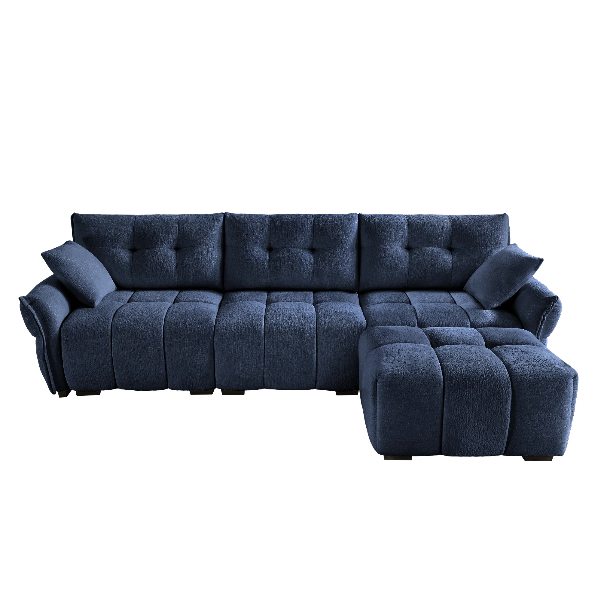 Walker Edison | Elegant Tufted Textured Chenille Blue Sofa Set with Ottoman and Pillows