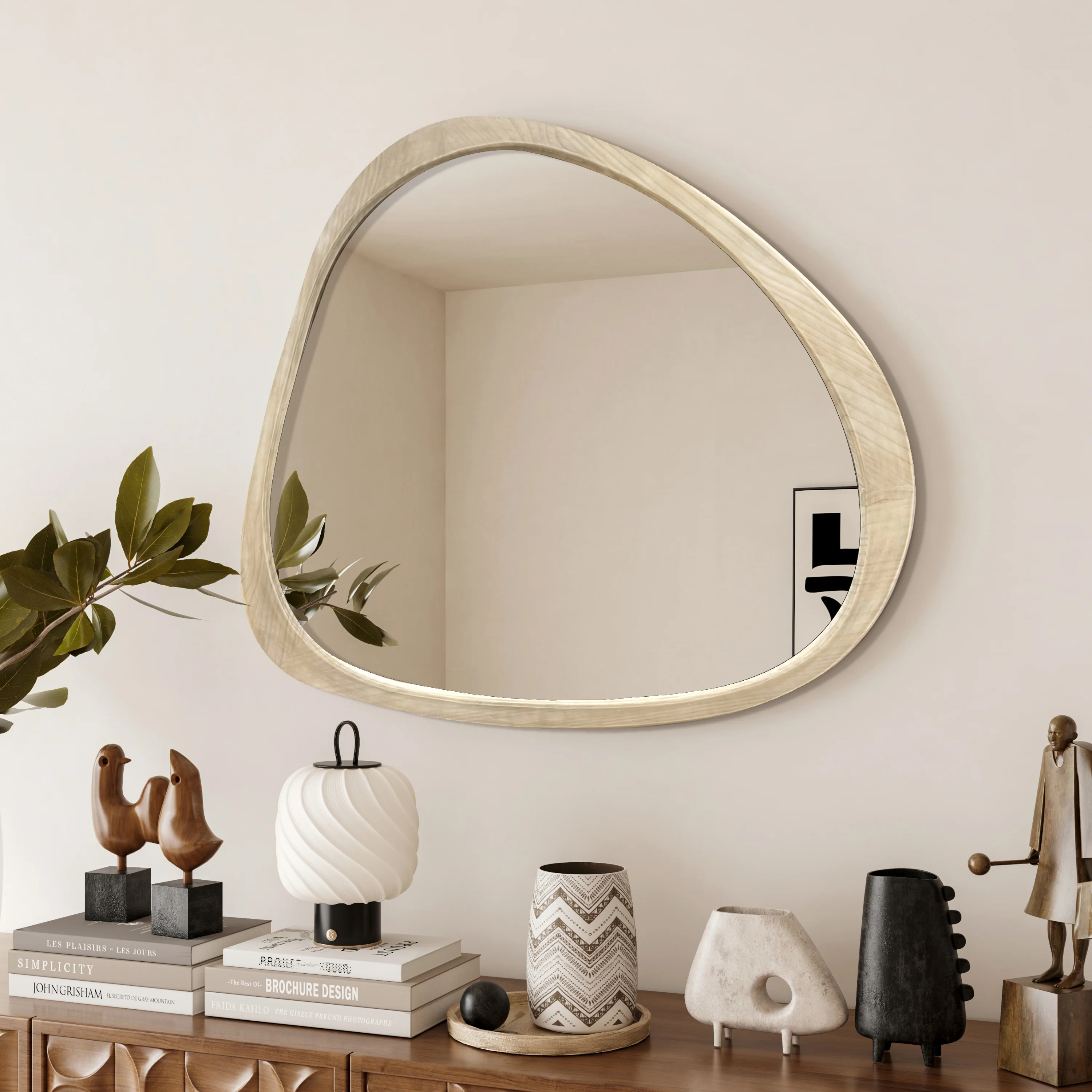 Walker Edison | Asymmetrical Natural 45 Wooden Wall Mirror