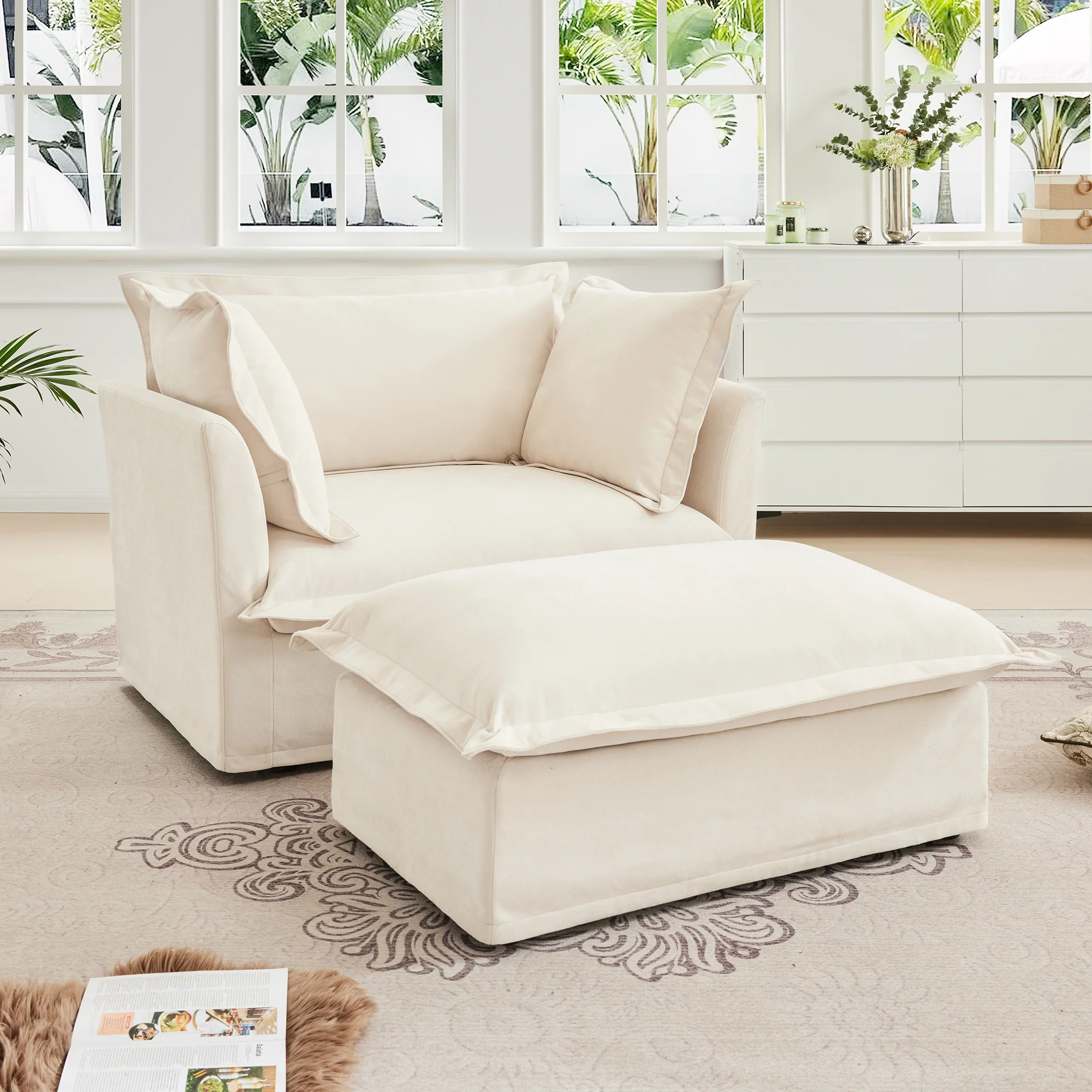 Walker Edison | Removable Slipcovered Accent Chair with Ottoman