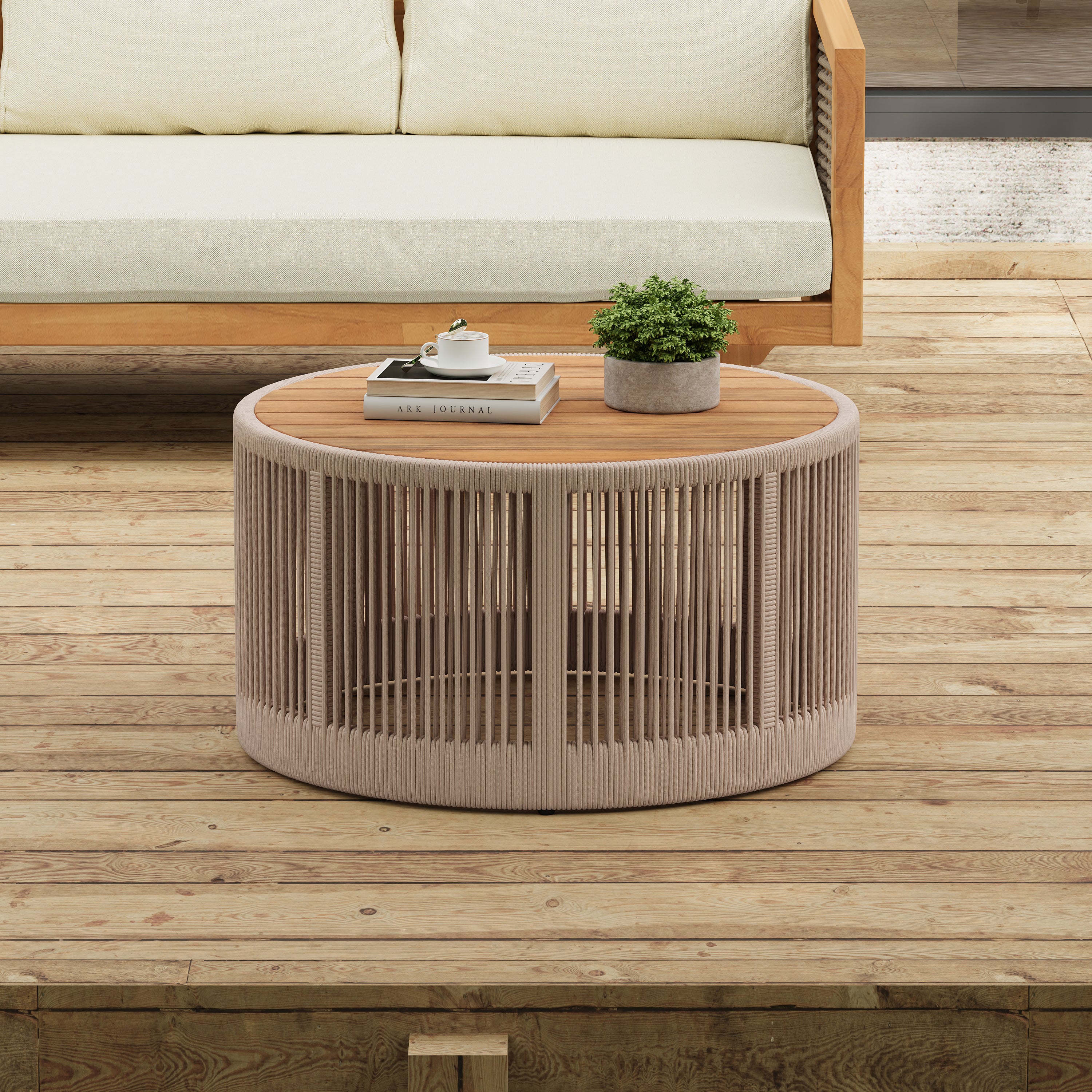 Walker Edison | Modern Woven Rope Design Coffee Table and Side Table Set of 2