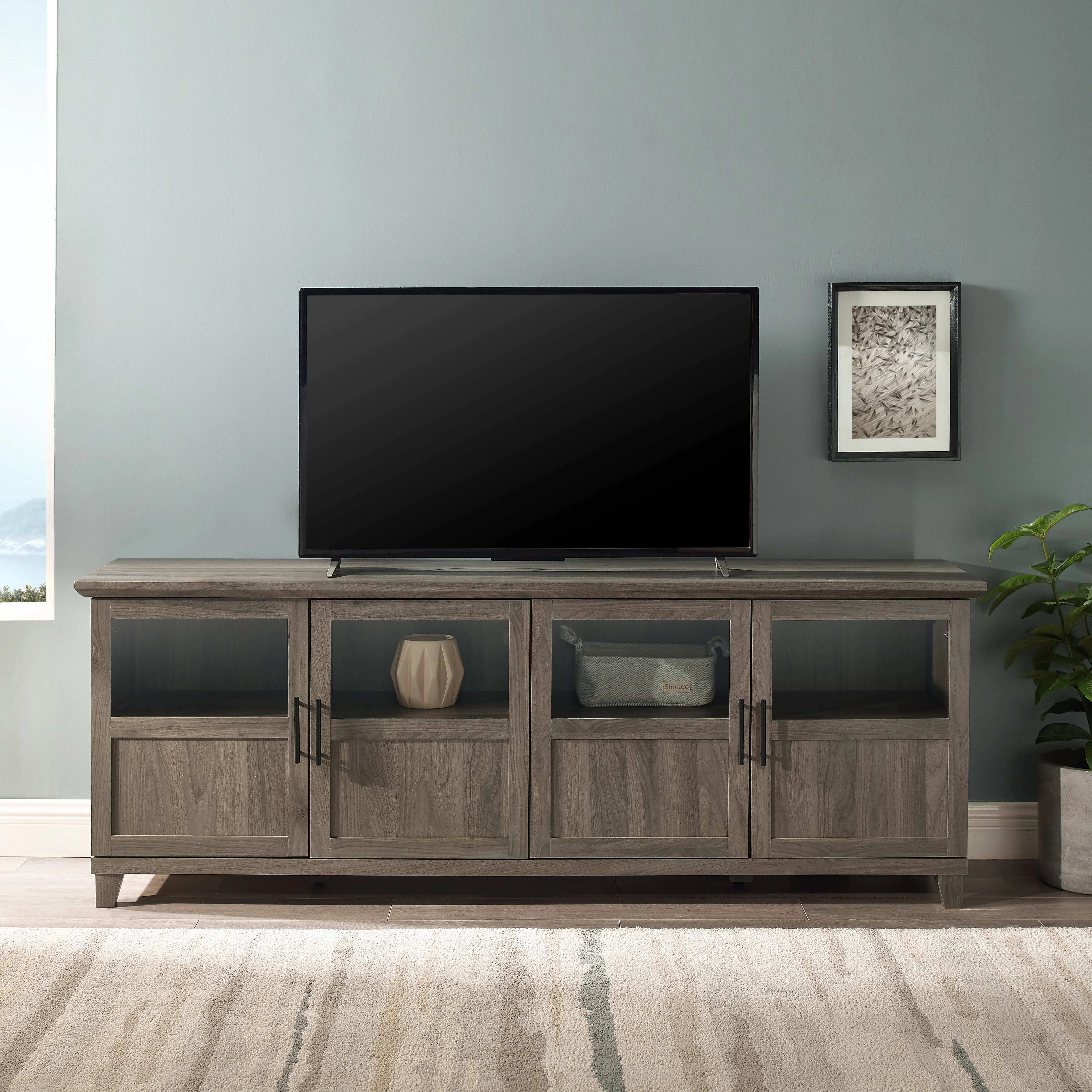 Goodwin 70 TV Stand with Glass and Wood 4 Panel Doors
