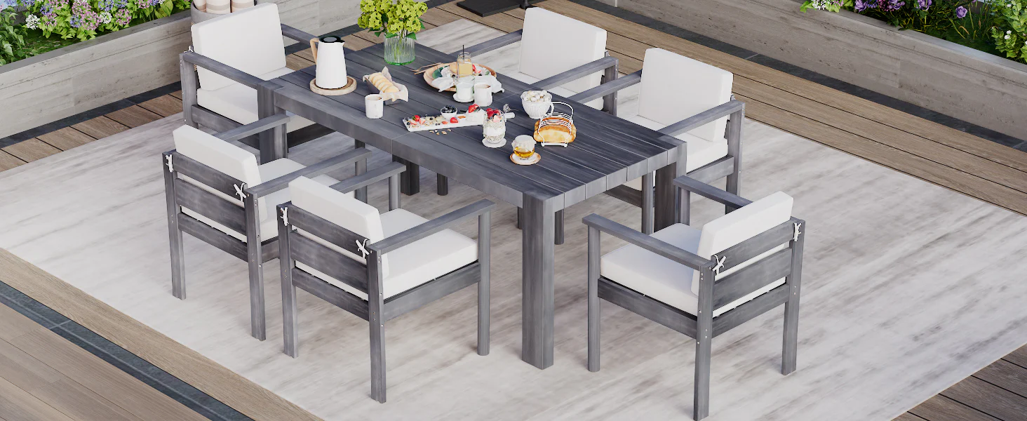 Walker Edison | Grey Wood Outdoor 7-Piece Patio Dining Table Set for 6