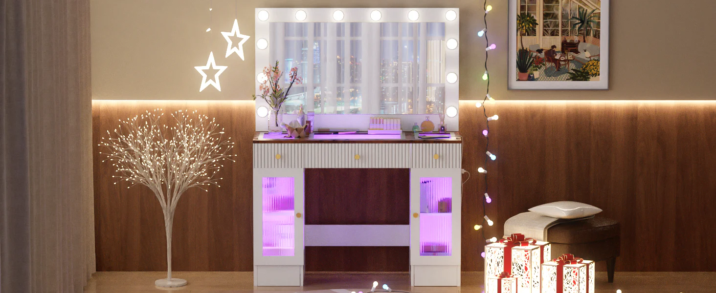 Walker Edison | Vanity Desk with Large Mirror and Hollywood Bulbs