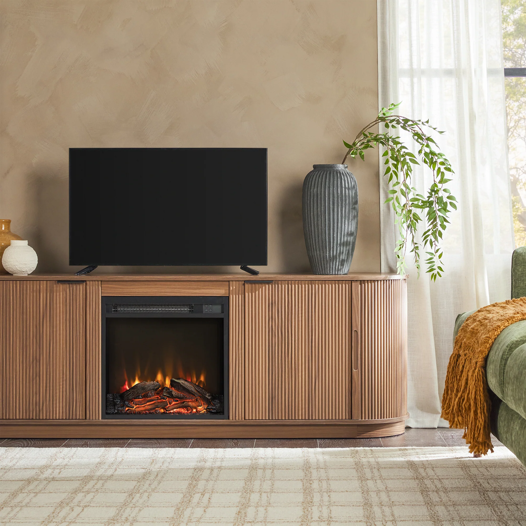 Chloe Modern Scandinavian Reeded Fireplace TV Stand in 2 Sizes