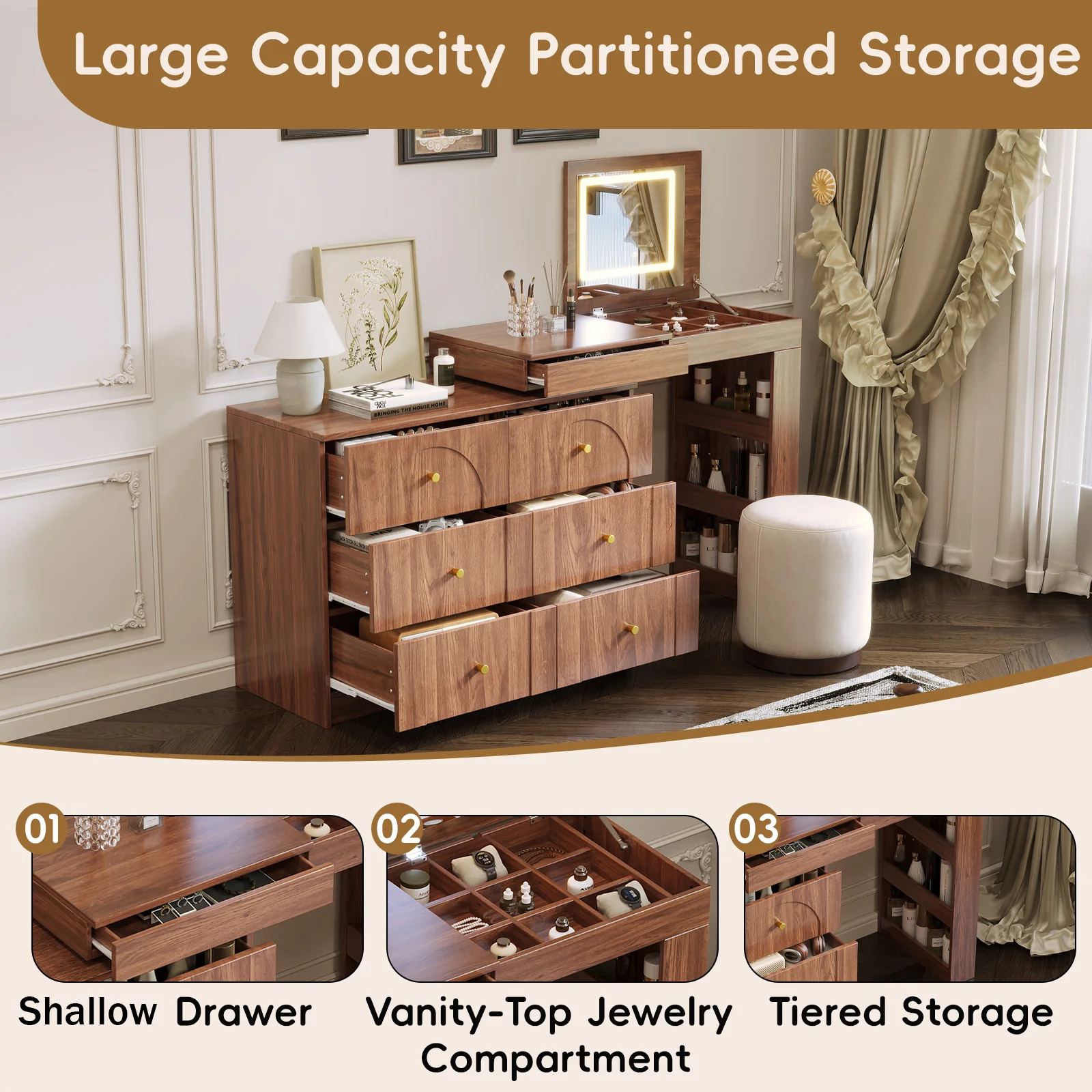 Walker Edison | Multi-Functional Vanity Desk/Dresser Set with Flip-Top Mirror and Lights