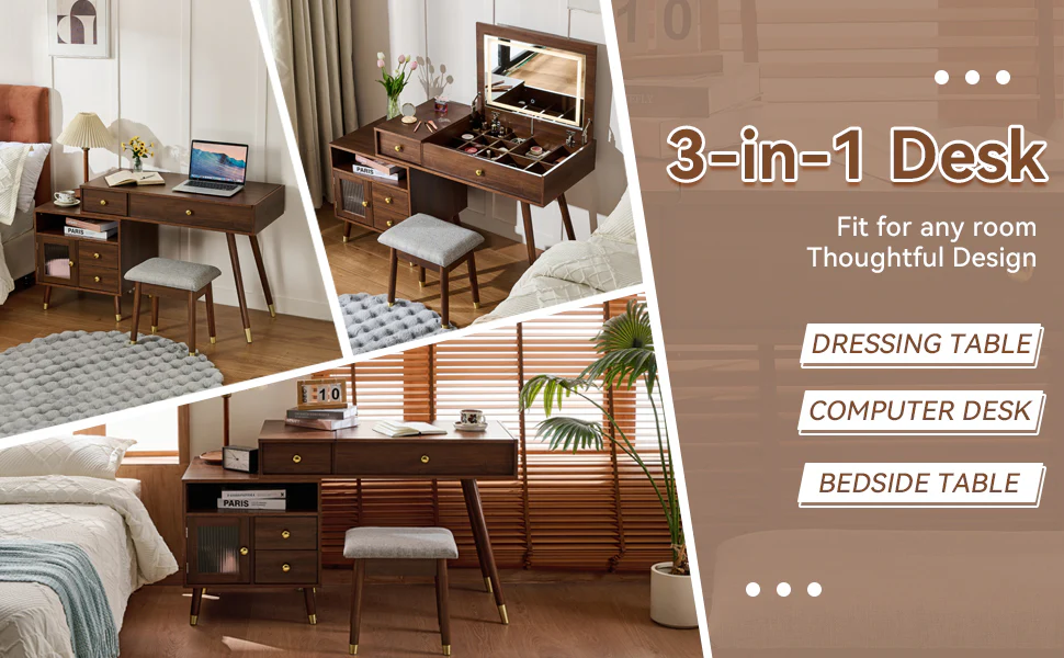 Walker Edison | 3-in-1 Makeup Vanity Desk with Lighted Flip-Top Mirror and Stool