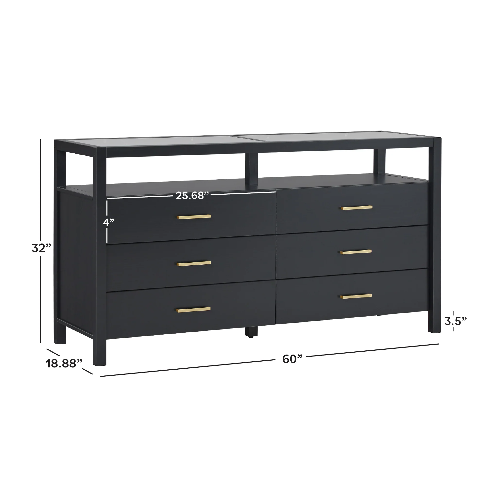 Isla Modern Easy Assembly Solid Wood 6-Drawer Dresser with Glass Top