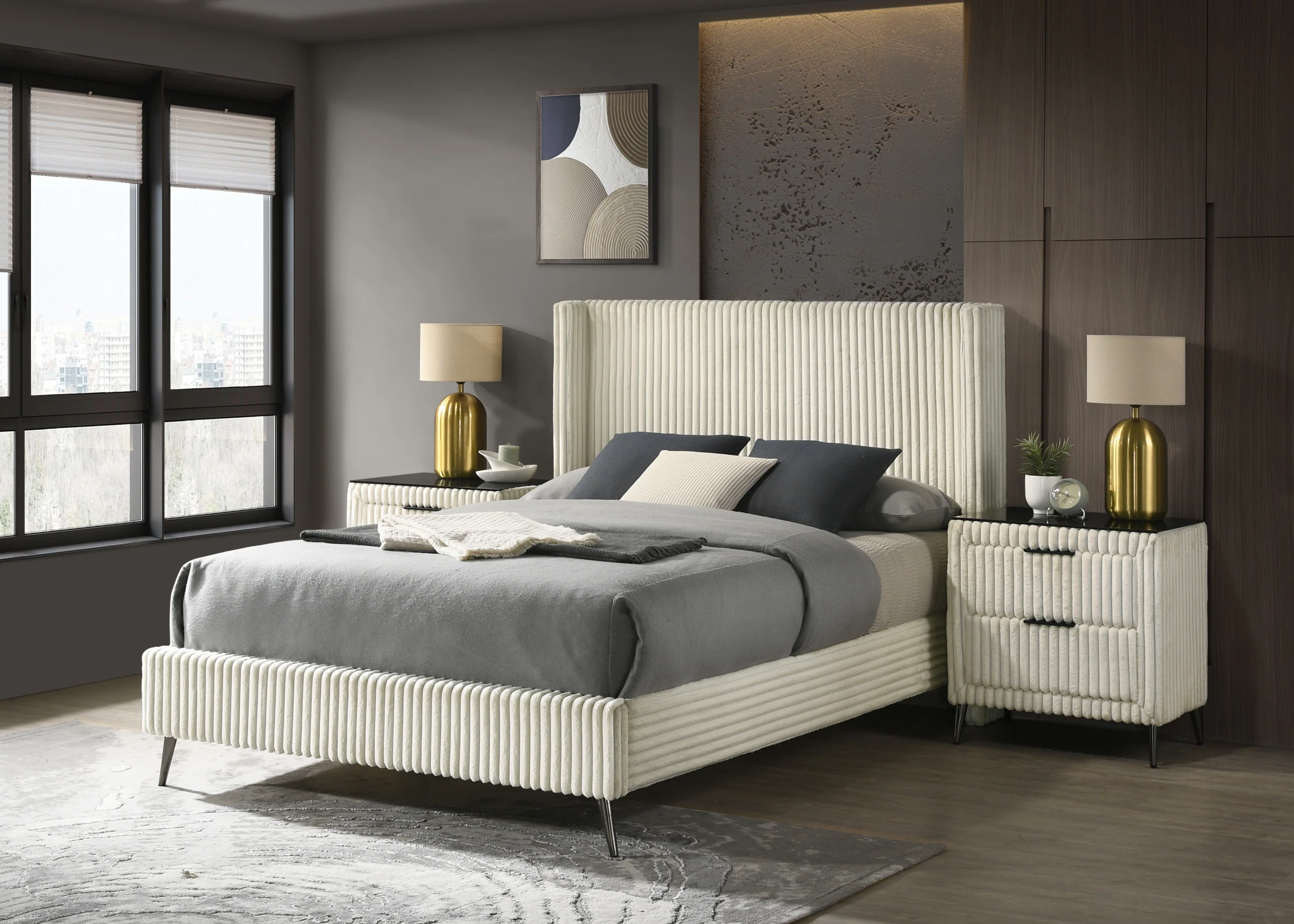 Walker Edison | Corduroy Upholstery Queen Bed with 2 Nightstands
