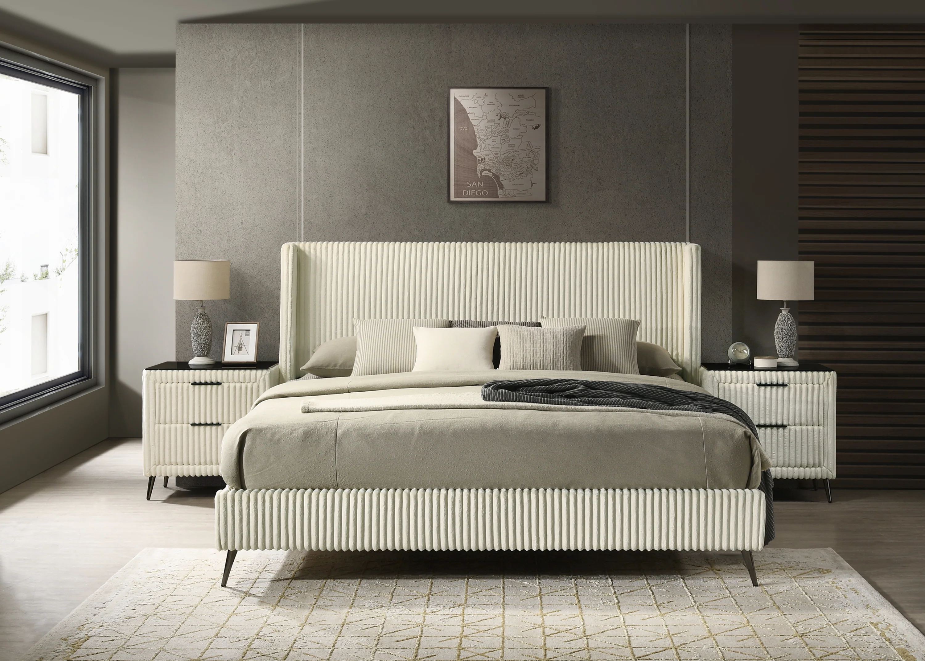 Walker Edison | Corduroy Upholstery King Bed with 2 Nightstands