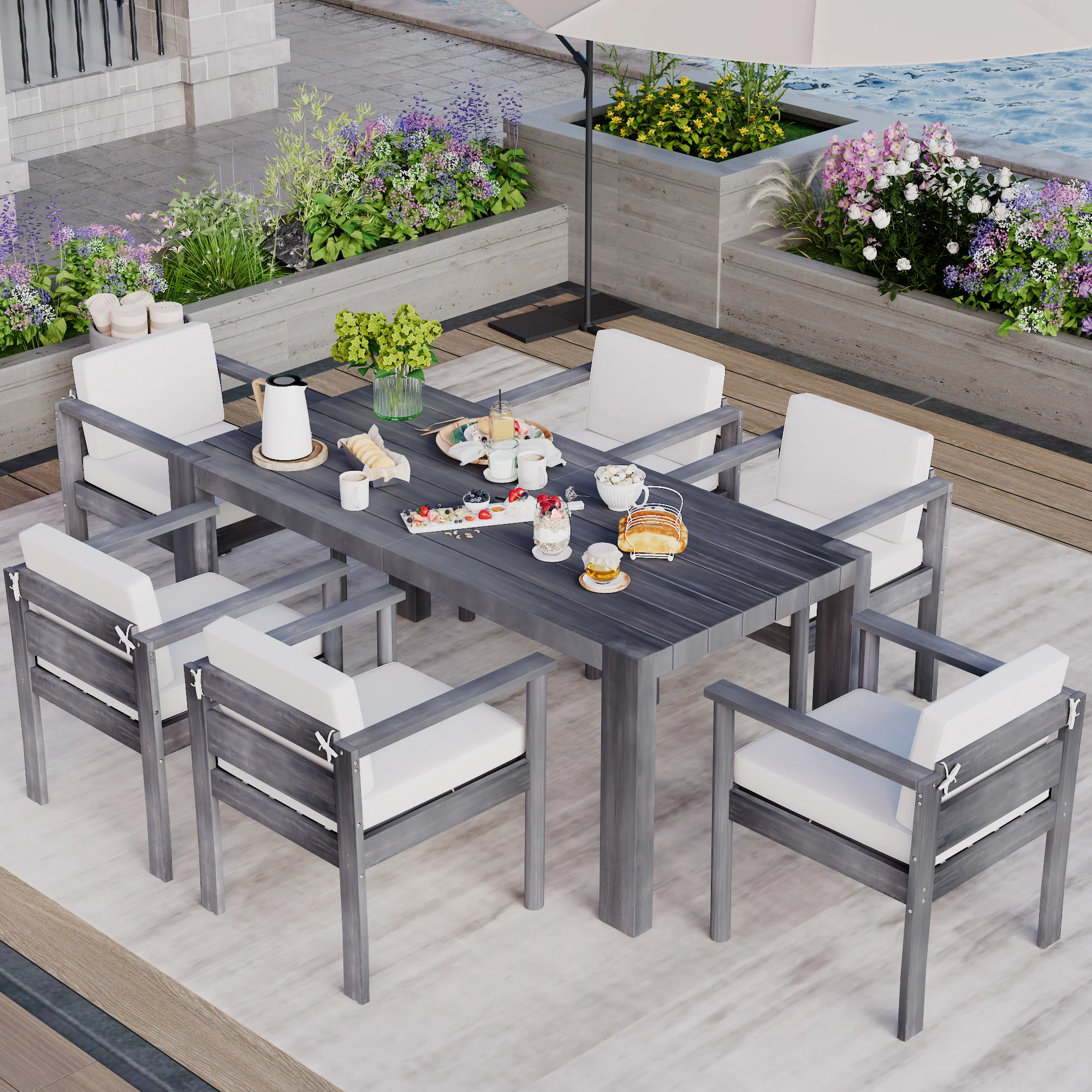 Walker Edison | Grey Wood Outdoor 7-Piece Patio Dining Table Set for 6