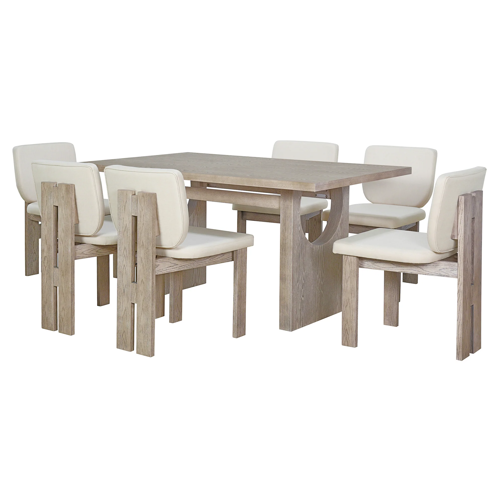Walker Edison | Natural Wood Wash 7-Piece Retro Dining Set with 6 Upholstered Chairs