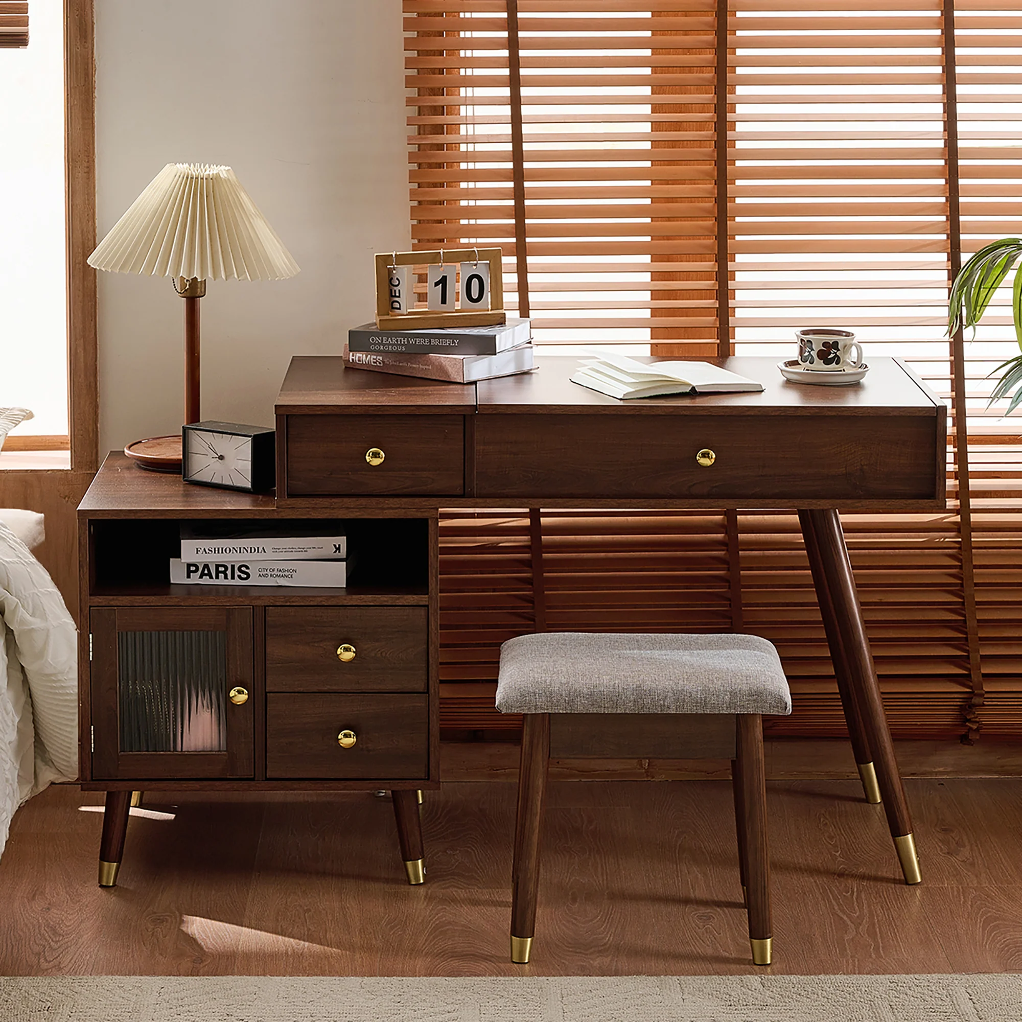 Walker Edison | 3-in-1 Makeup Vanity Desk with Lighted Flip-Top Mirror and Stool