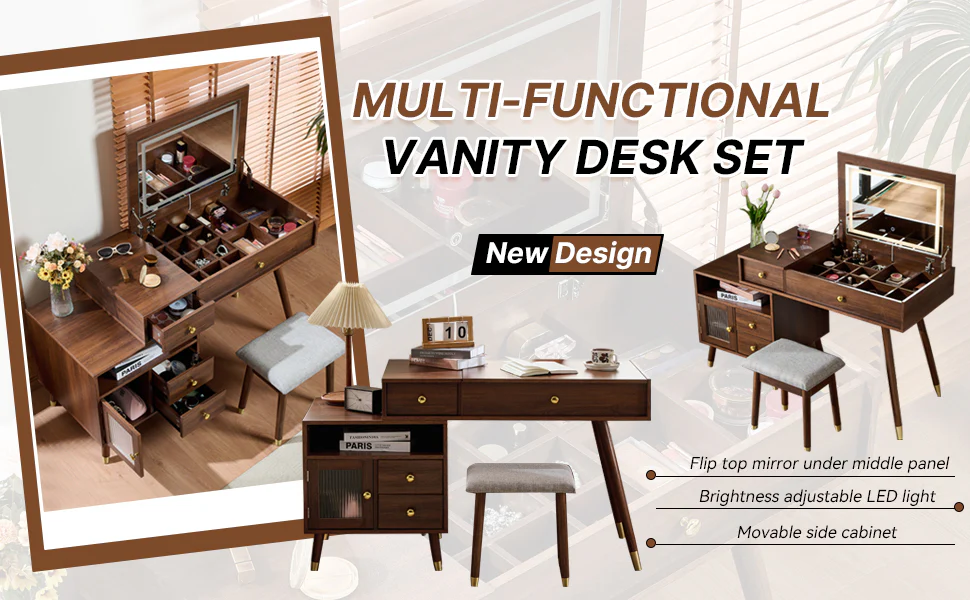 Walker Edison | 3-in-1 Makeup Vanity Desk with Lighted Flip-Top Mirror and Stool