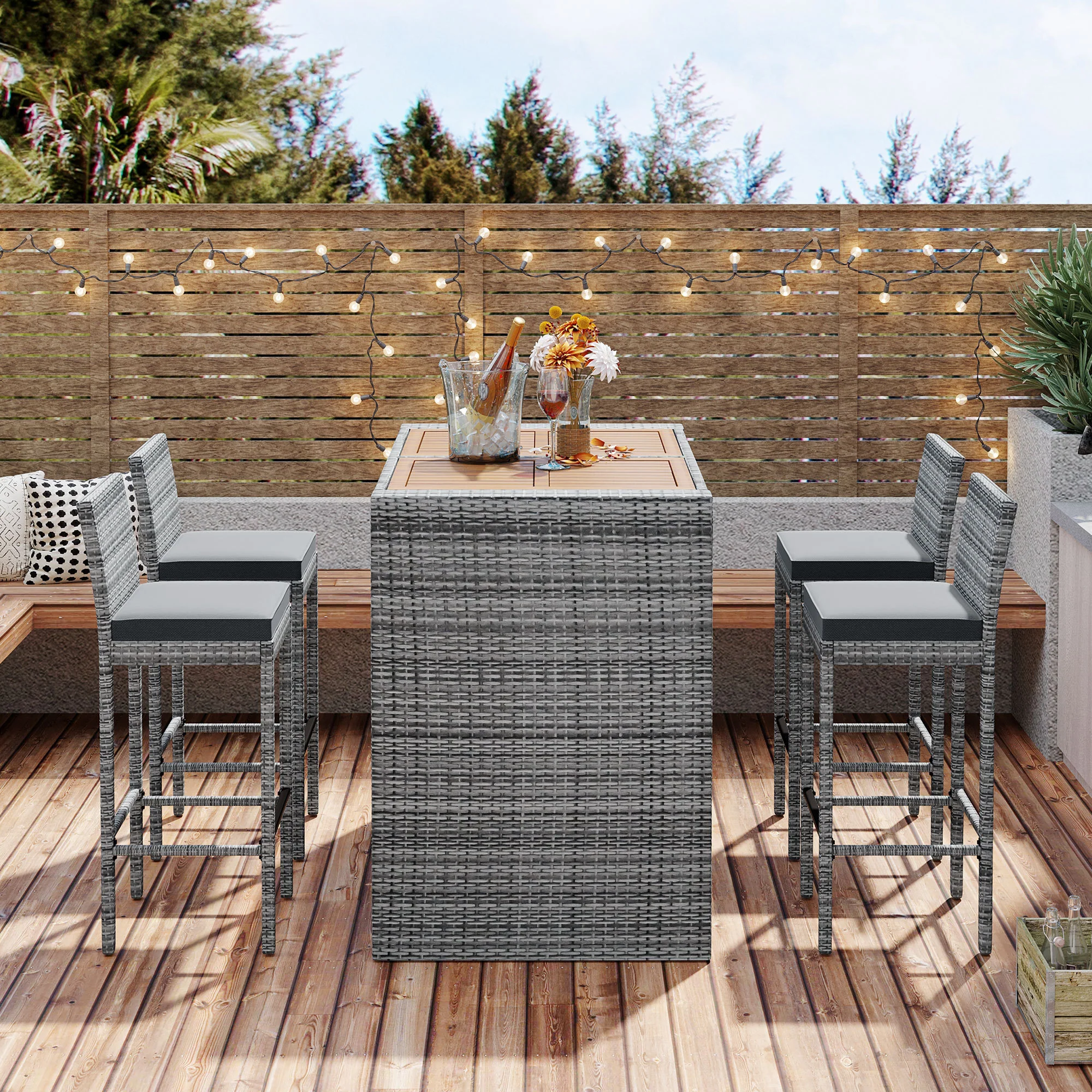 Walker Edison | 5-pieces Outdoor Patio Wicker Bar Set