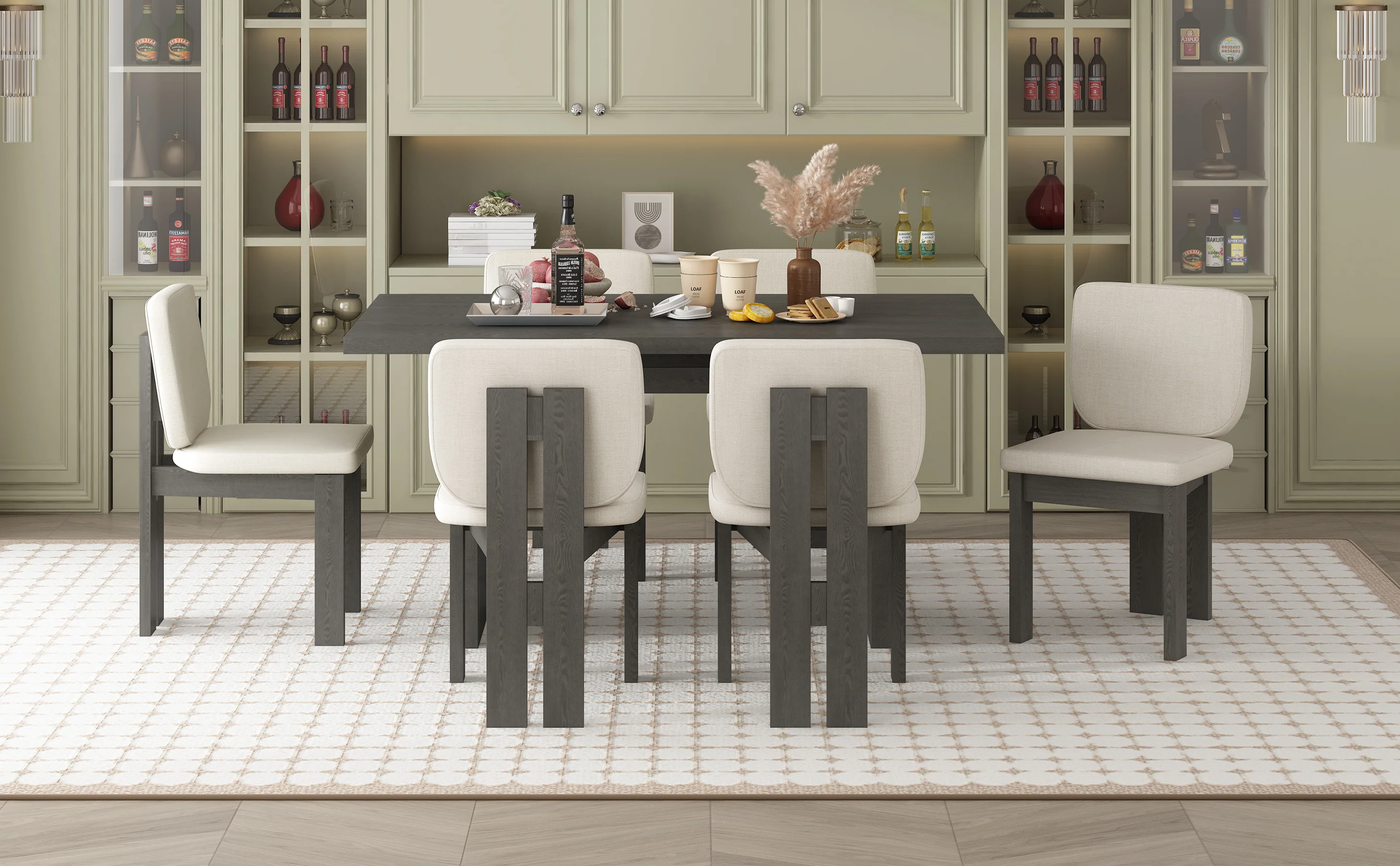 Walker Edison | 60' Wood 7-Piece Retro Dining Table Set for 6 with Upholstered Chairs