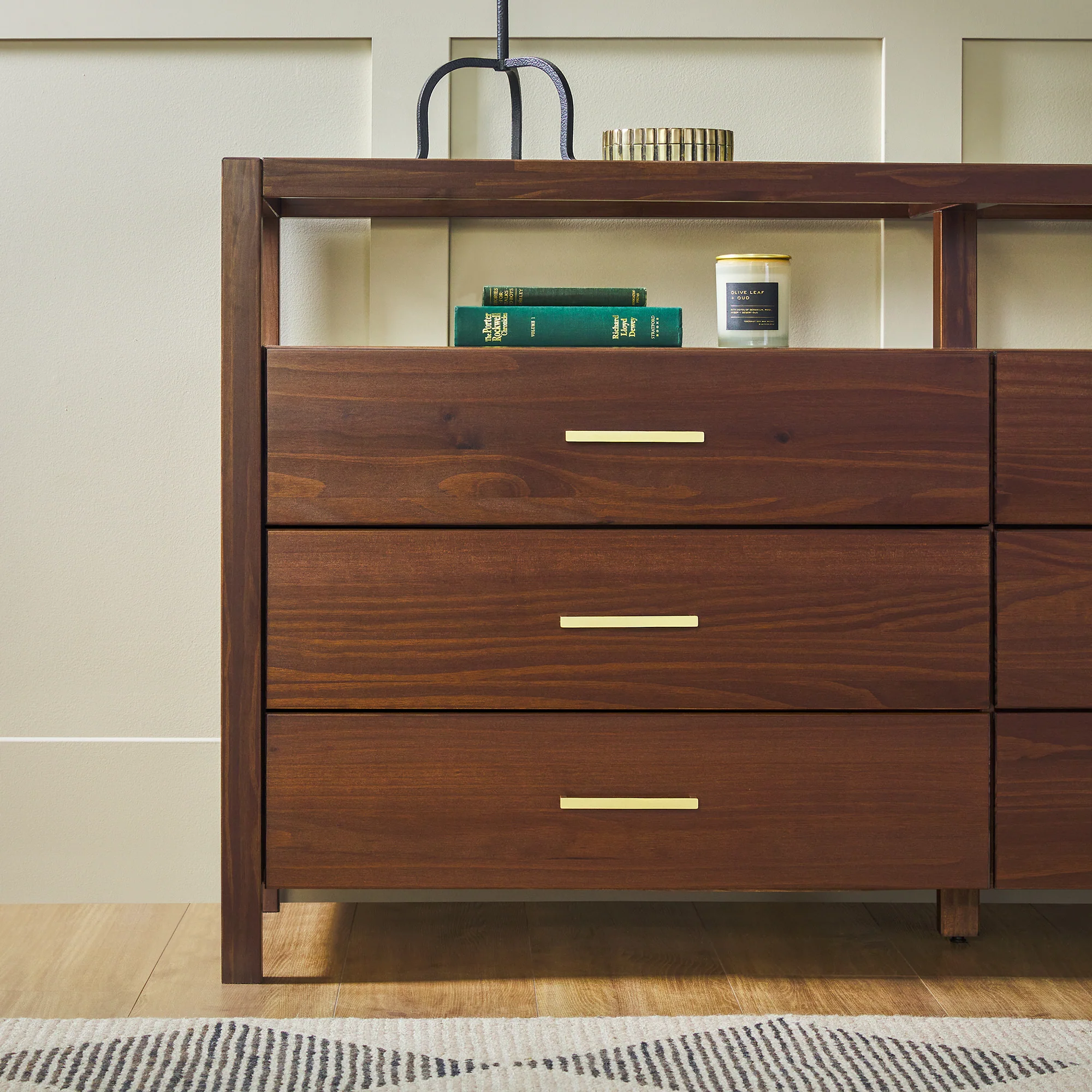 Isla Modern Easy Assembly Solid Wood 6-Drawer Dresser with Glass Top