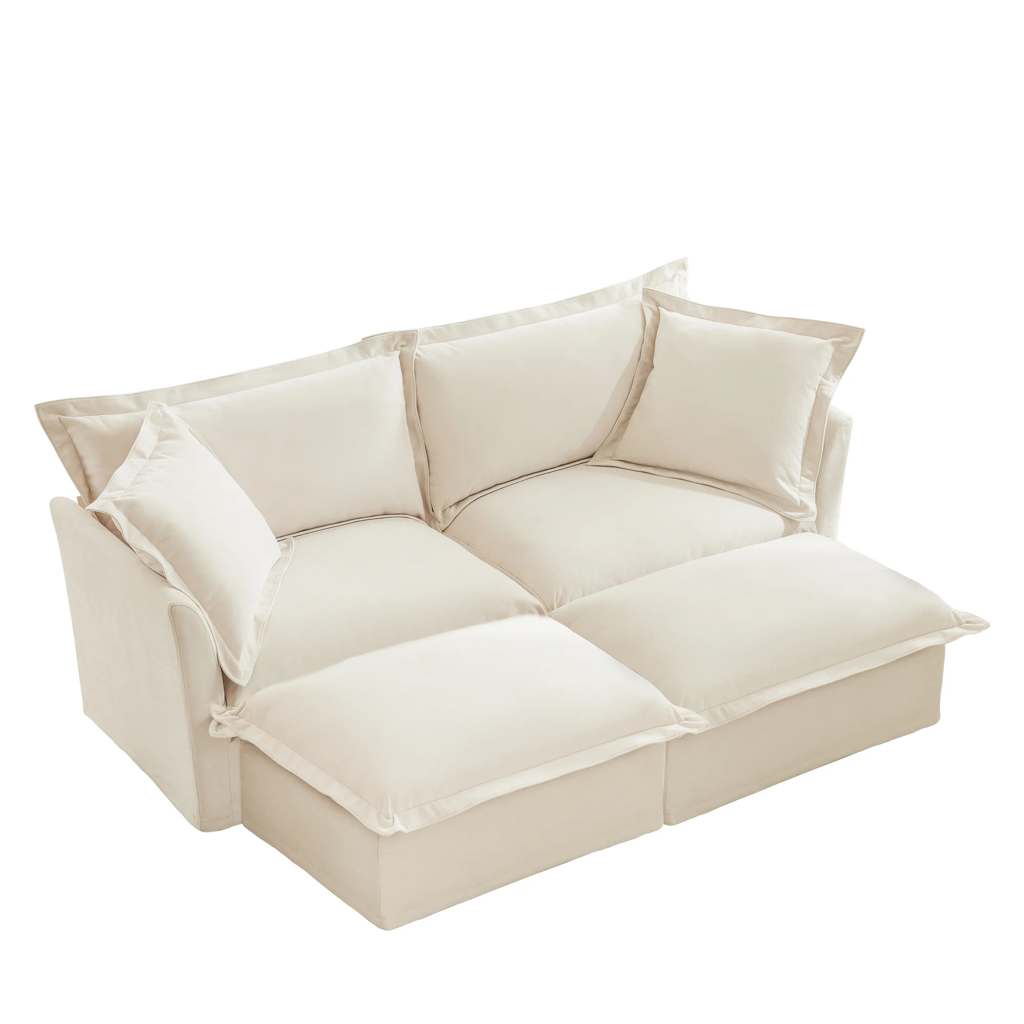 Walker Edison | Wide Deep Seat Slipcovered Beige Loveseat Sofa with 2 Ottomans