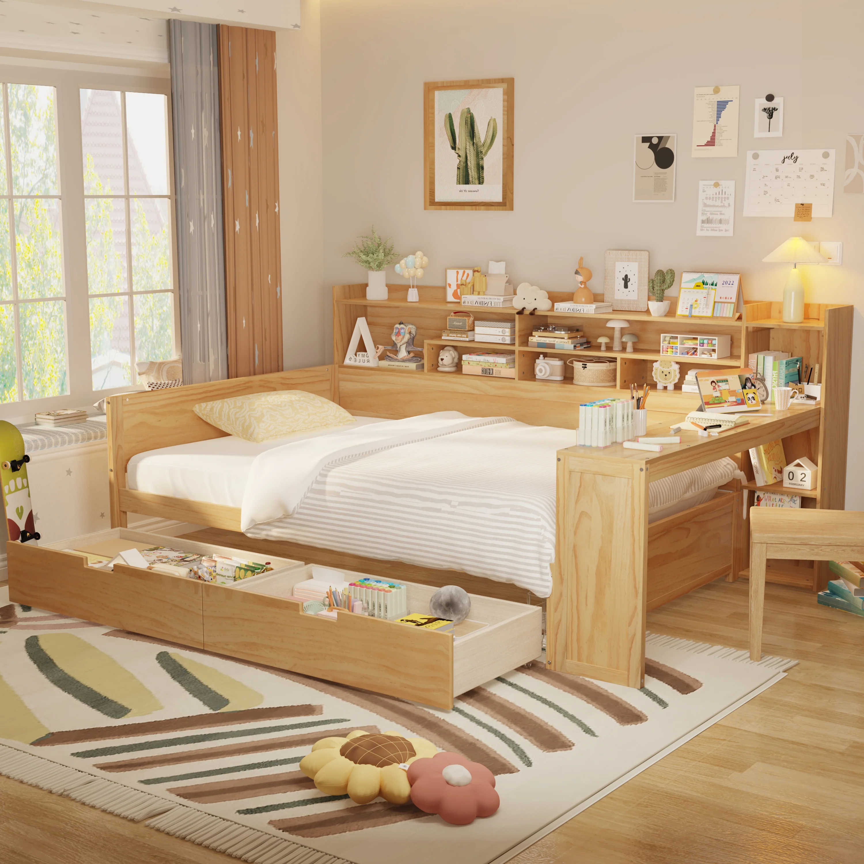 Walker Edison | Multi-functional Wooden Full Size Daybed with Storage Shelves