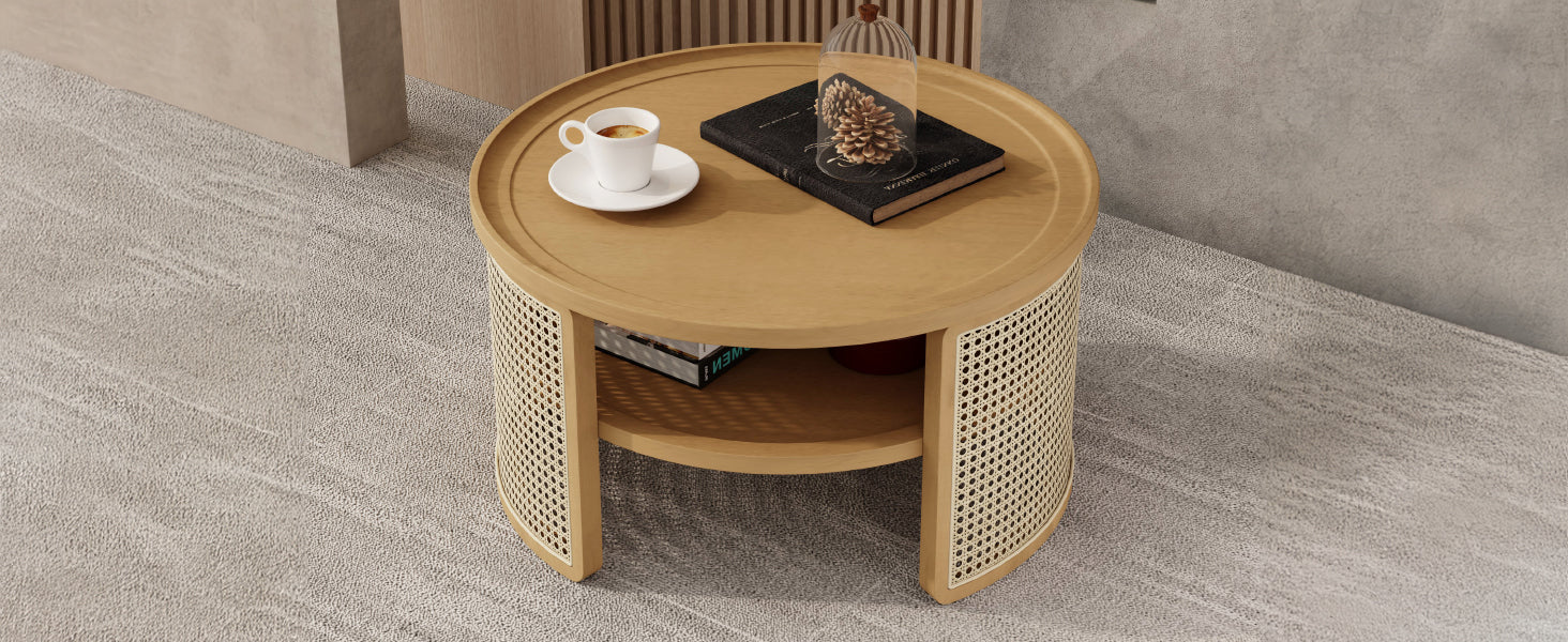 Walker Edison | Tiered Round Rattan Coffee Table with Storage