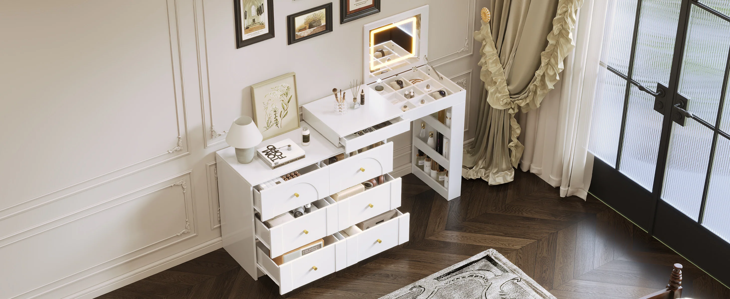 Walker Edison | White Multi-Functional Vanity Desk Dresser Set with Flip Mirror and Lights