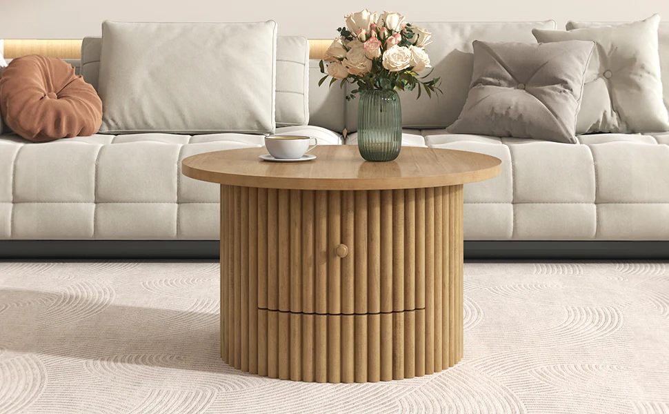 Walker Edison | Reeded Round Coffee Table with a Drawer