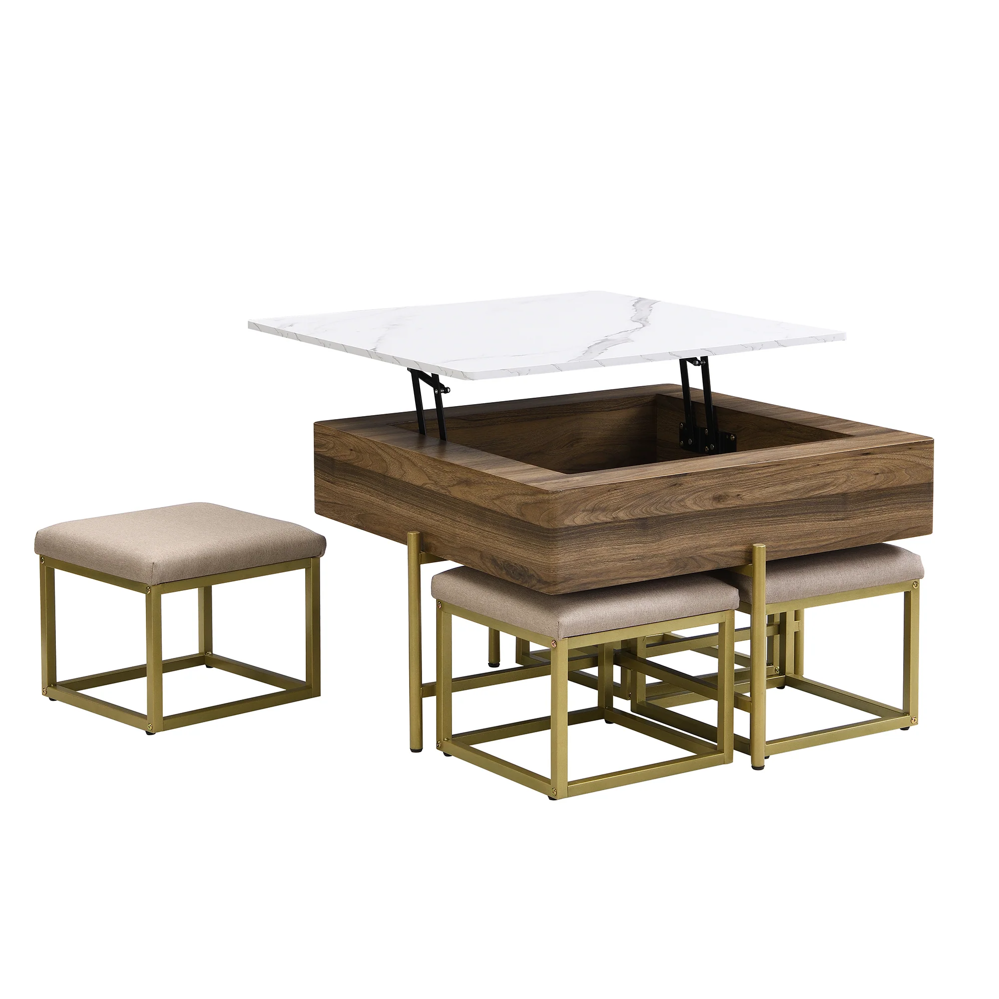 Walker Edison | Modern Square Lift-Top Coffee Table Set with 4 Ottomans