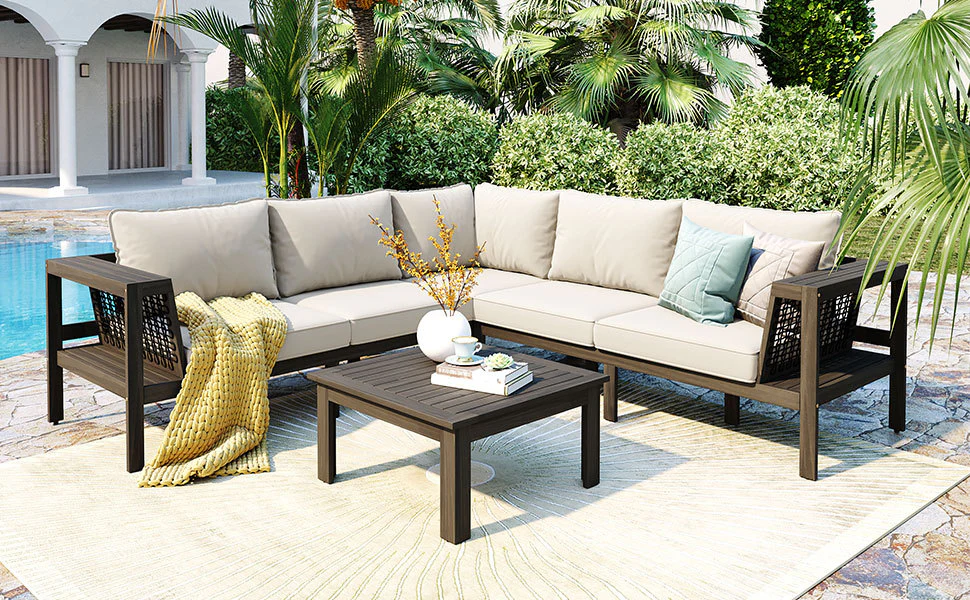 Walker Edison | Acacia L Shape Wood 4 Pieces Outdoor Sofa Set