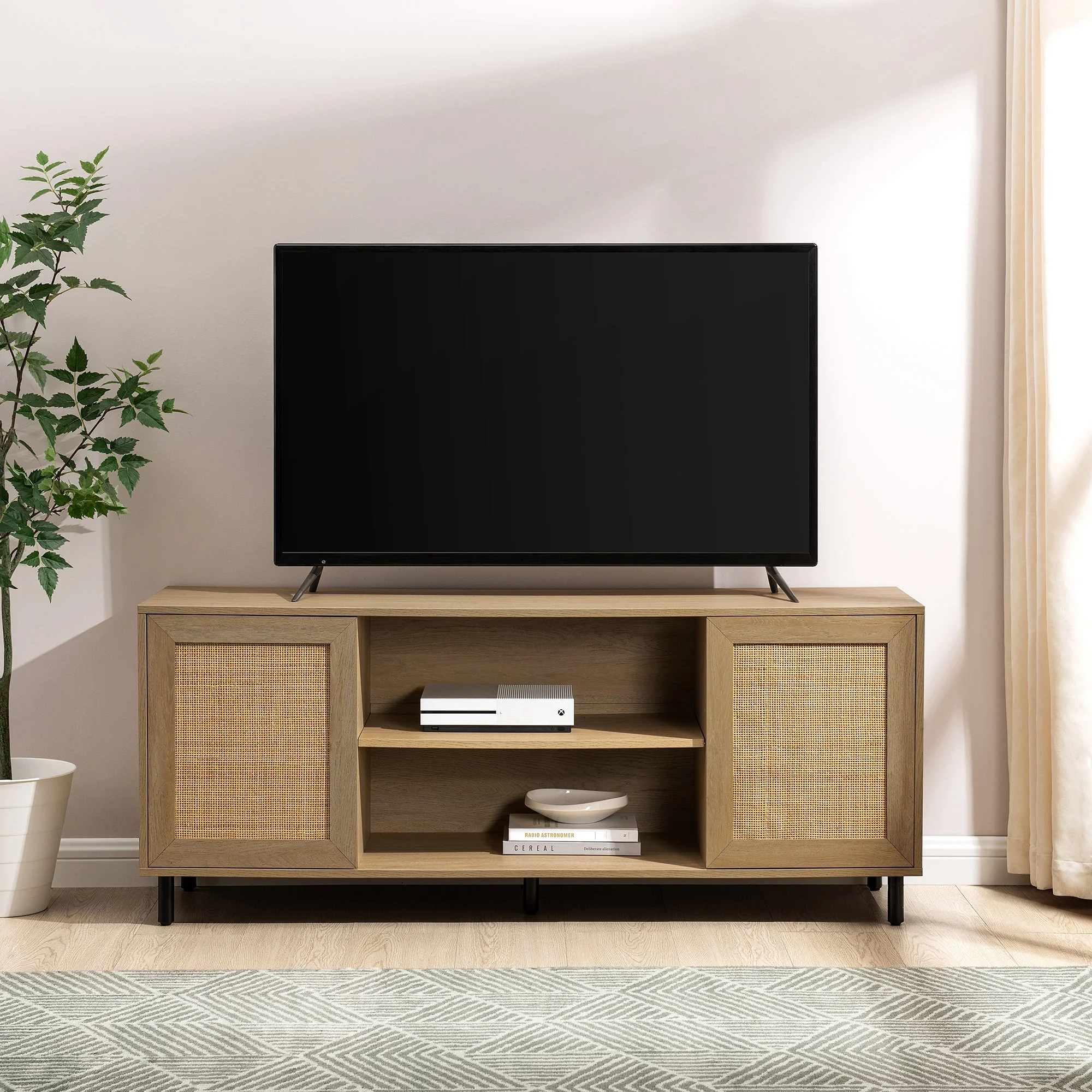58 2 Door Wood and Rattan TV Stand