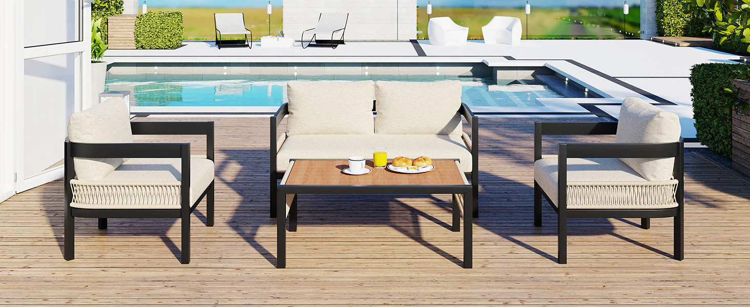 Walker Edison | Modern Rope Design Outdoor Iron Sofa Set with Coffee Table