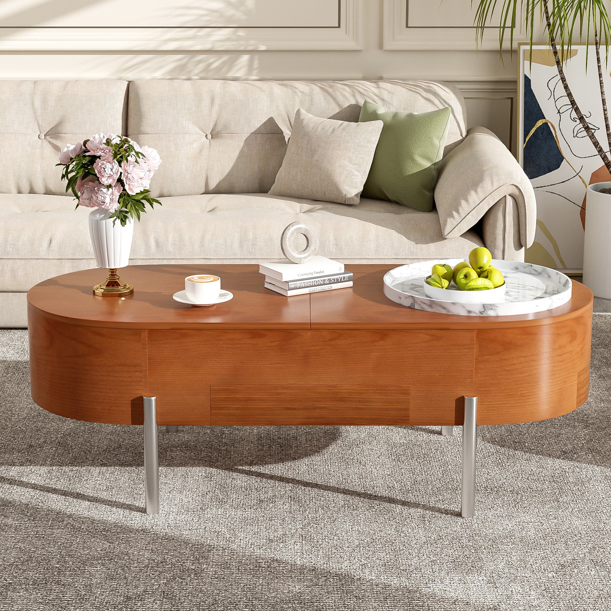 Walker Edison | Modern Lift Top Coffee Table with Marble Pattern Tray and Storage