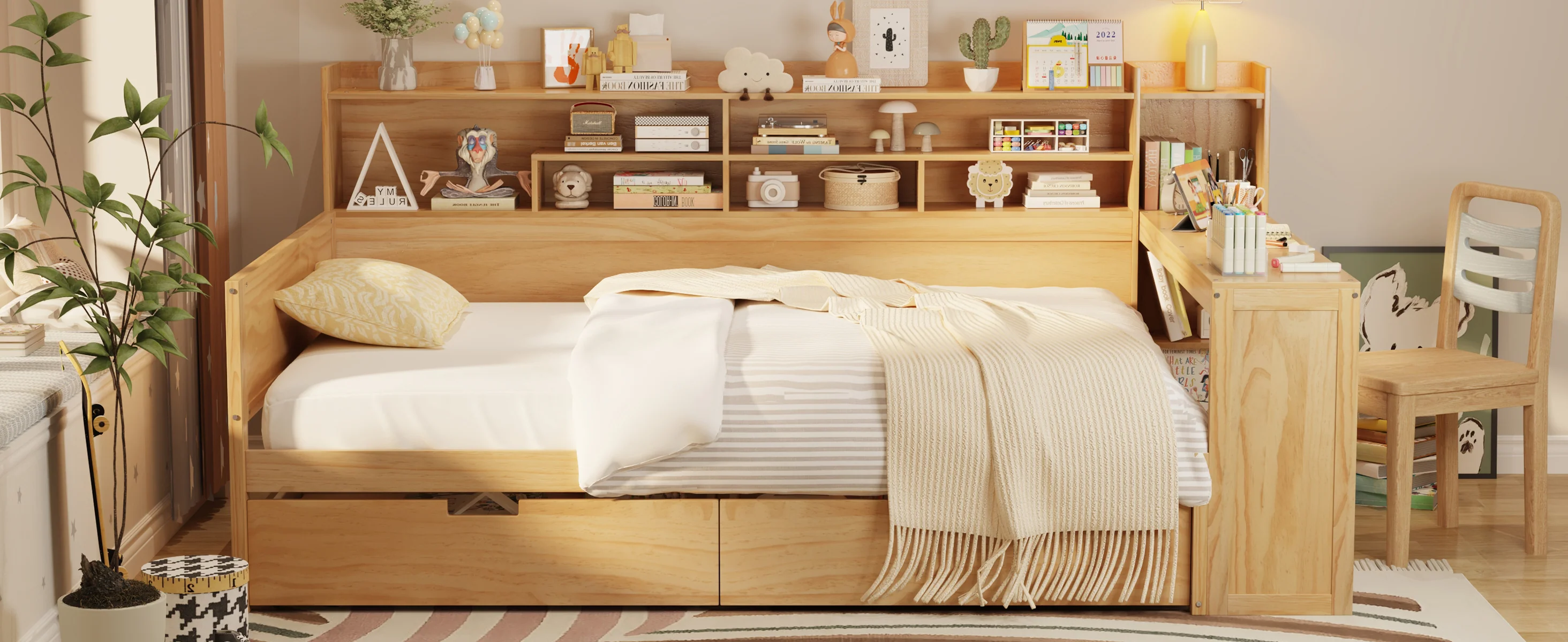 Walker Edison | Multi-functional Wooden Full Size Daybed with Storage Shelves