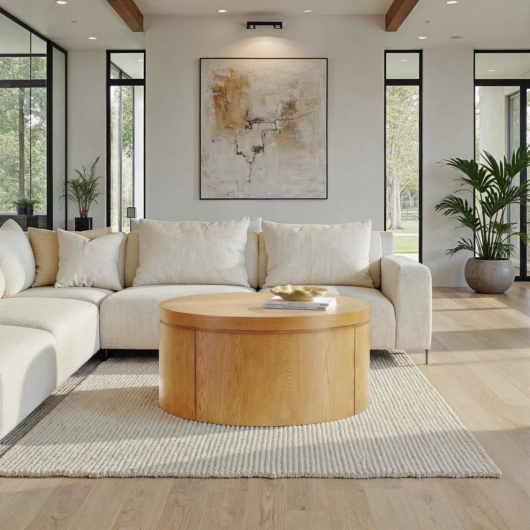 Maya 36 Modern Easy Assembly Round Oak Wood Veneer Coffee table with Storage