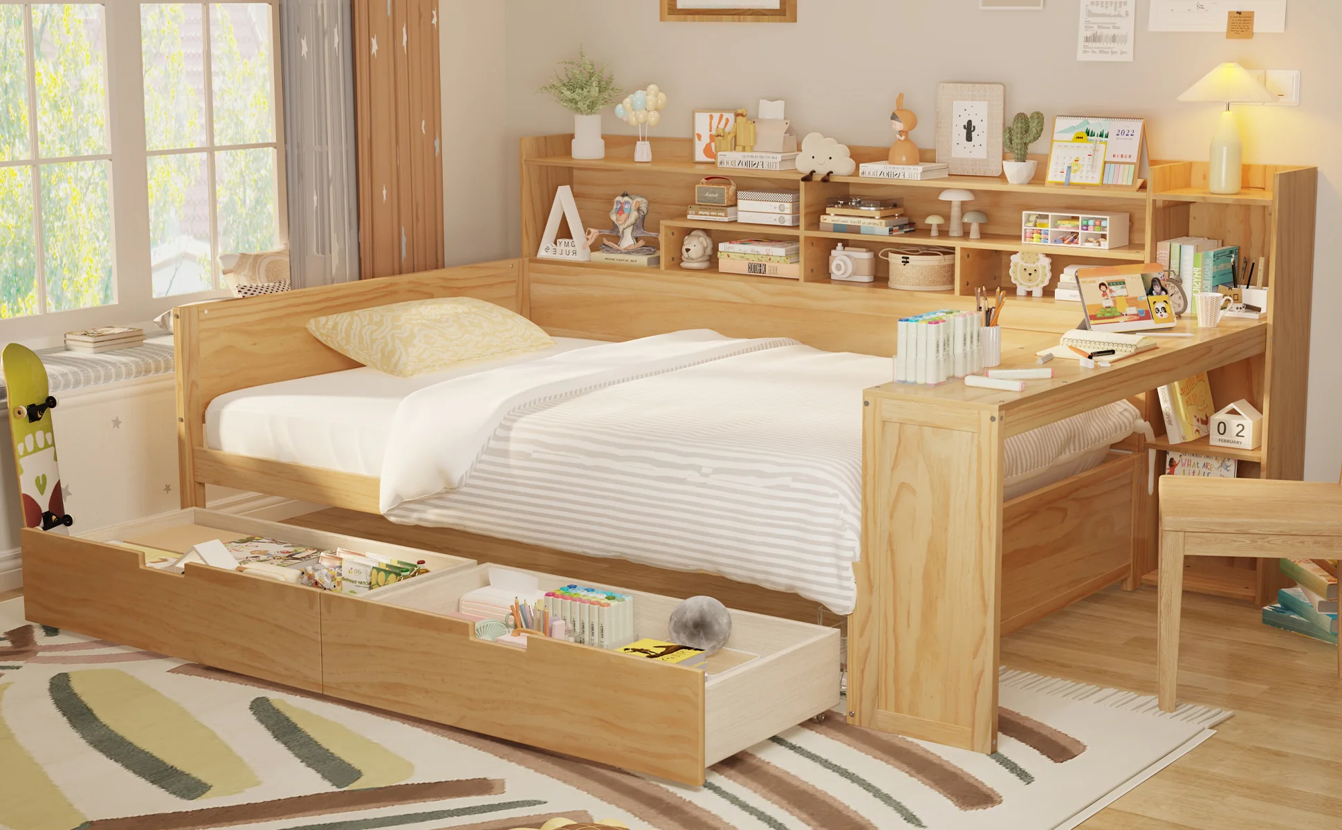 Walker Edison | Multi-functional Wooden Full Size Daybed with Storage Shelves