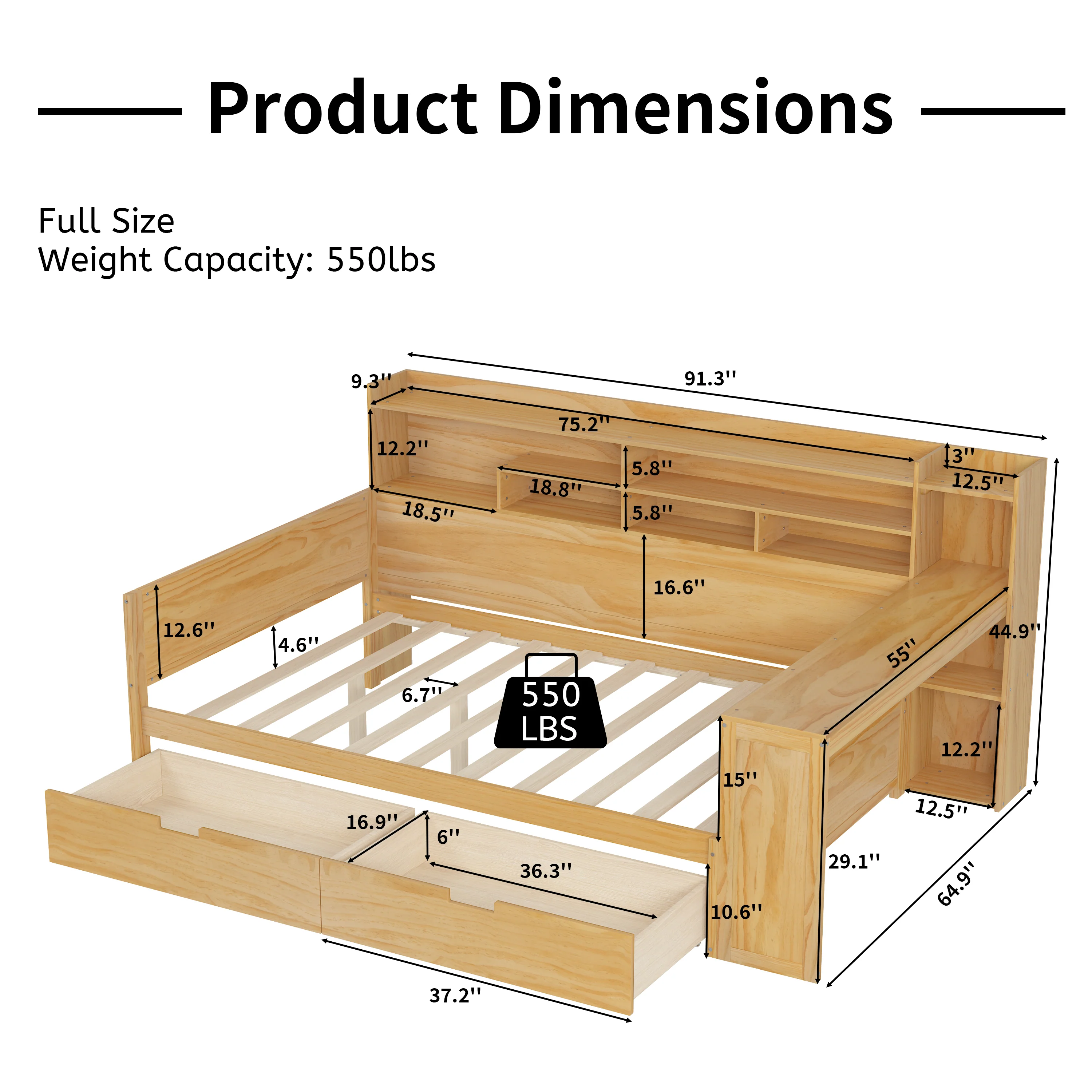 Walker Edison | Multi-functional Wooden Full Size Daybed with Storage Shelves