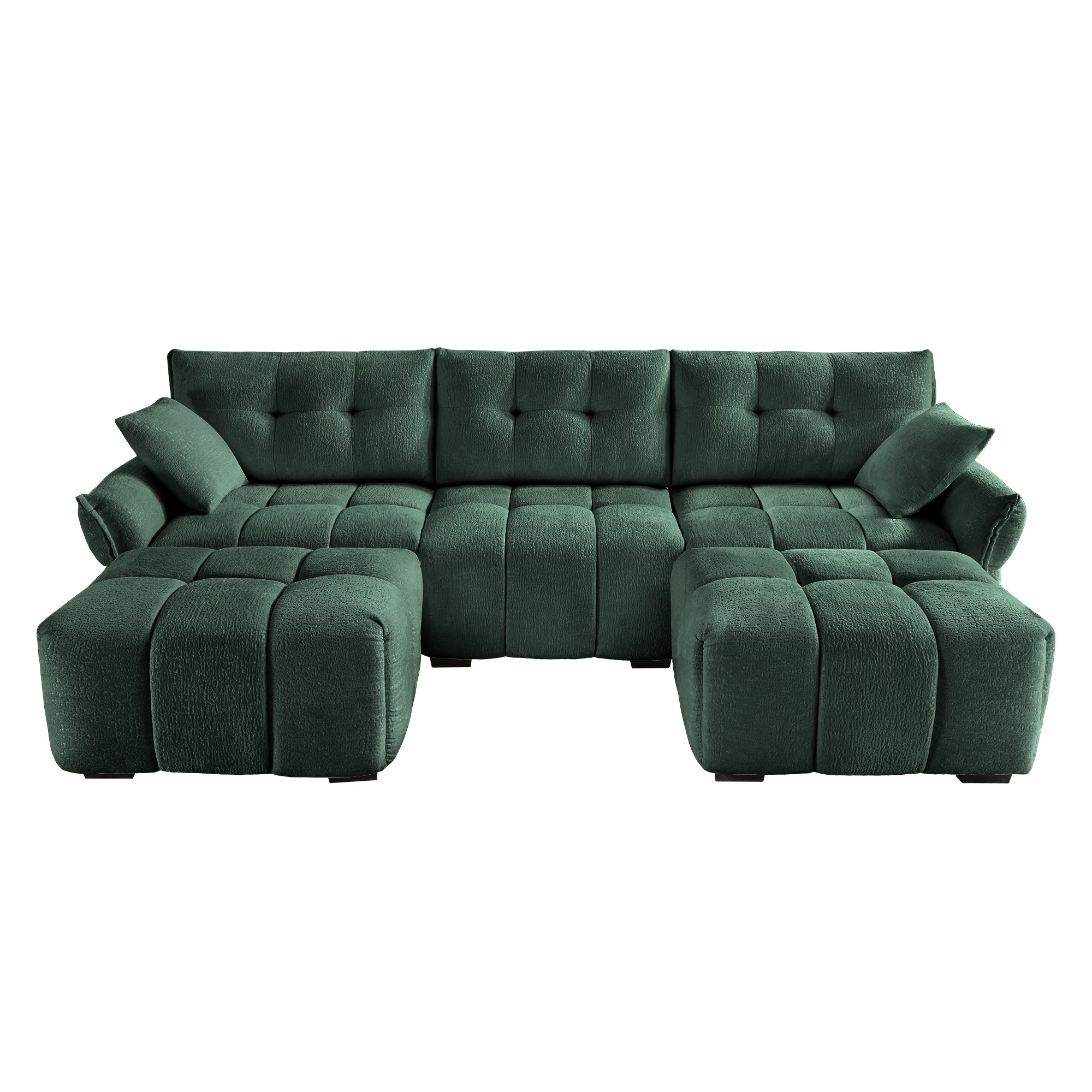 Walker Edison | Green Chenille Tufted Sectional Sofa Set With Ottoman And Throw Pillows