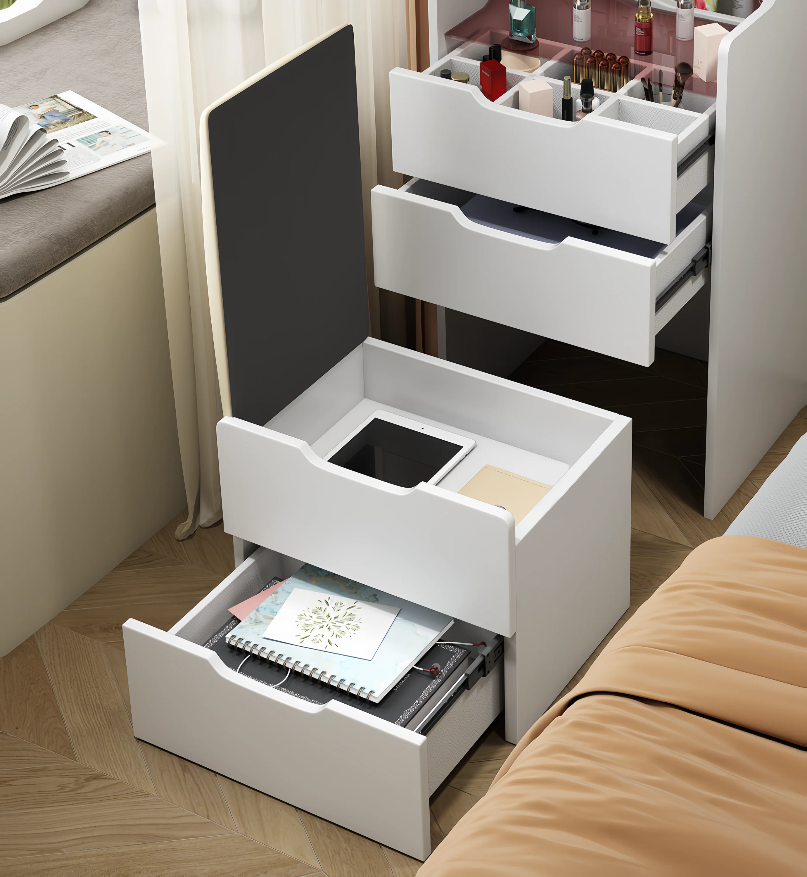 Walker Edison | White 3 in 1 Vanity Desk Set with Flip Top Mirror & Storage