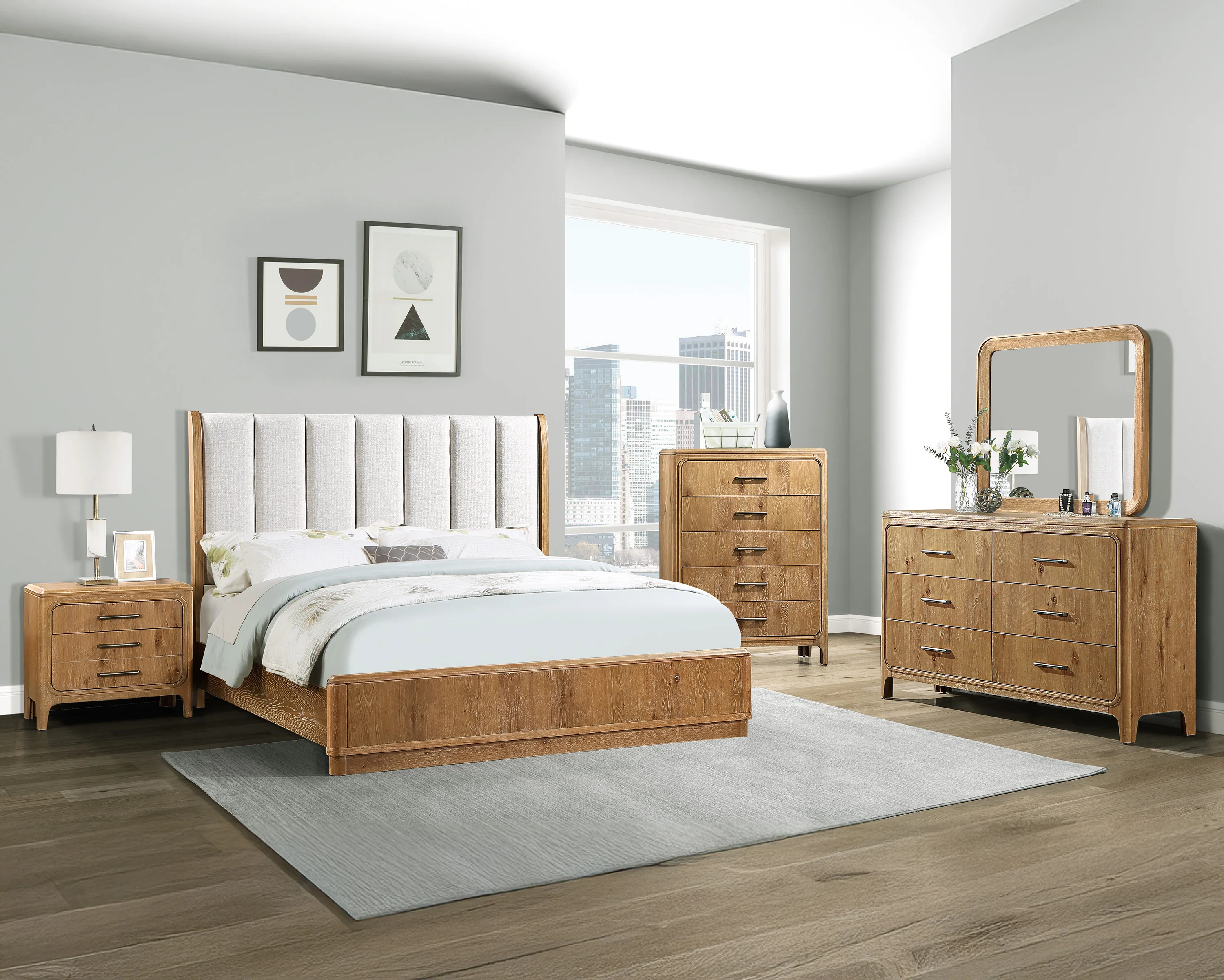 Walker Edison | Queen Upholstered Headboard with Rich Natural Wood Finish Platform