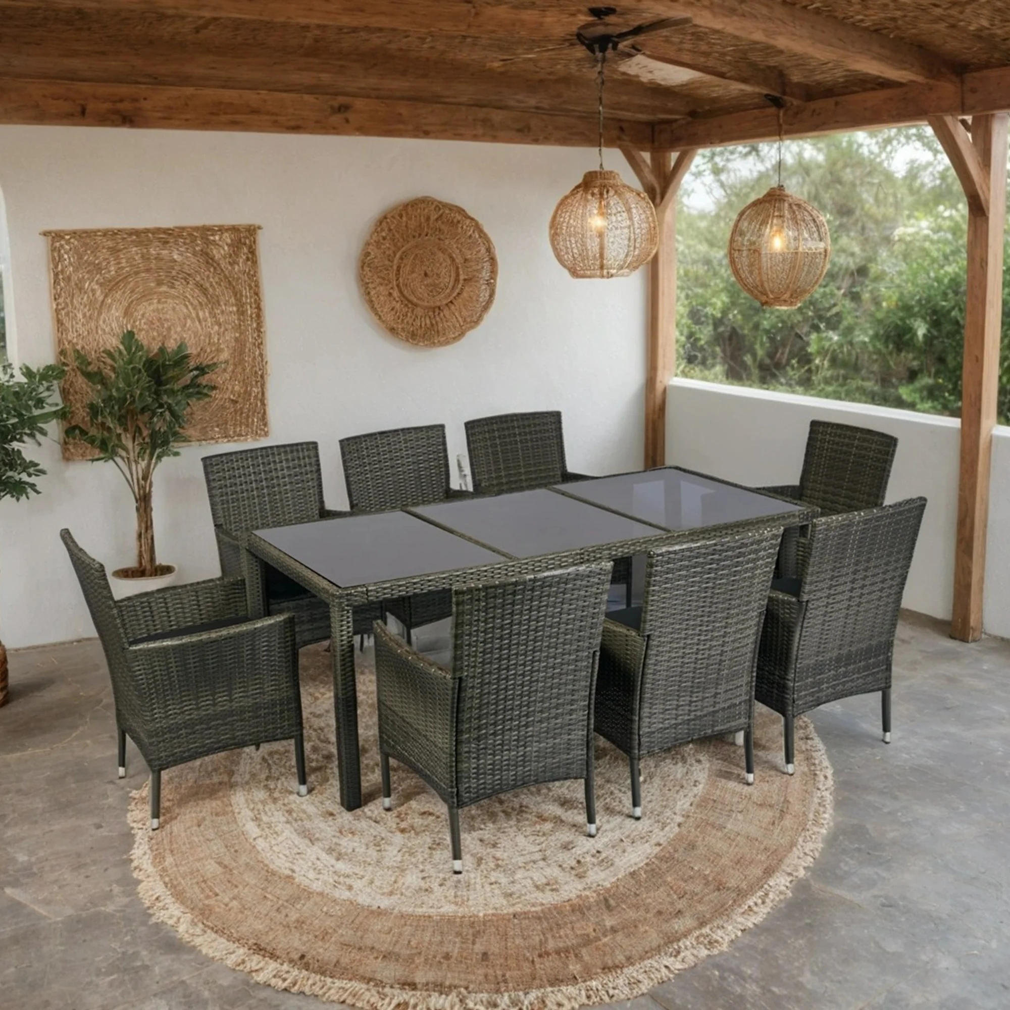 Walker Edison | 9 piece Outdoor Patio Wicker Dining Set with Glass Top