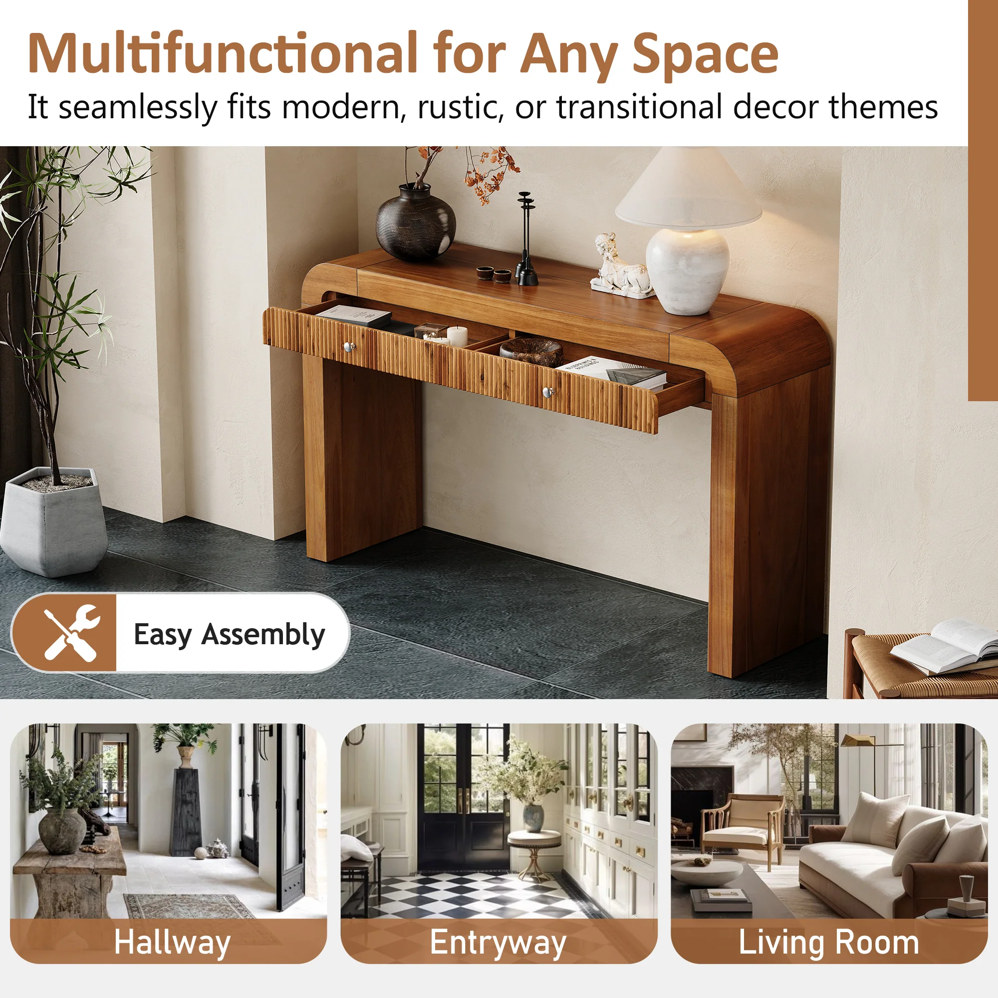 Walker Edison | Entryway Fluted Curve Design Console/Desk Table with Drawers