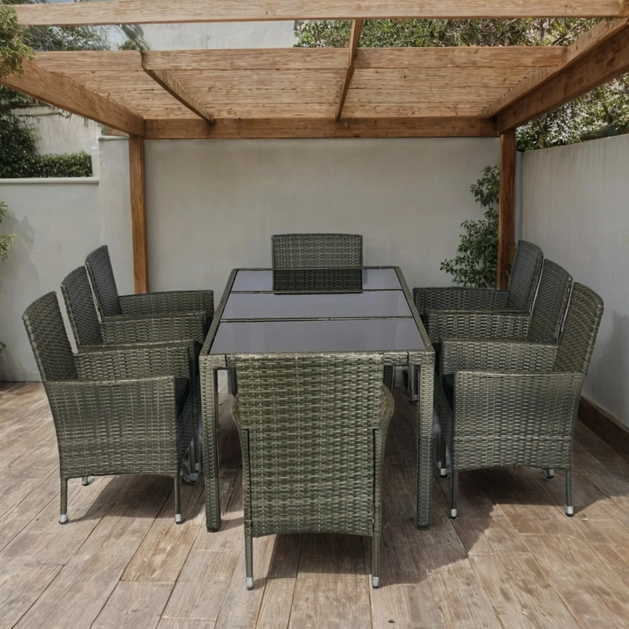 Walker Edison | 9 piece Outdoor Patio Wicker Dining Set with Glass Top