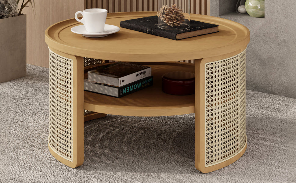 Walker Edison | Tiered Round Rattan Coffee Table with Storage
