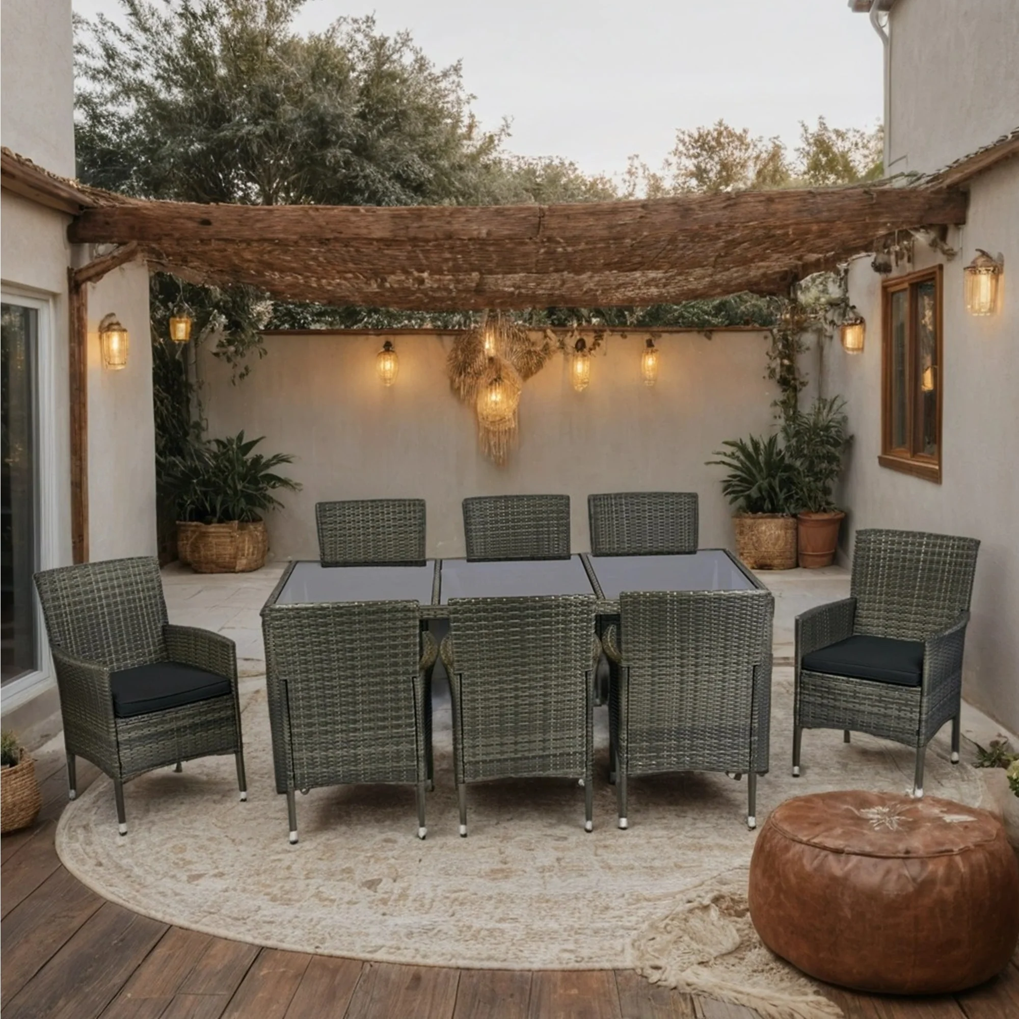 Walker Edison | 9 piece Outdoor Patio Wicker Dining Set with Glass Top