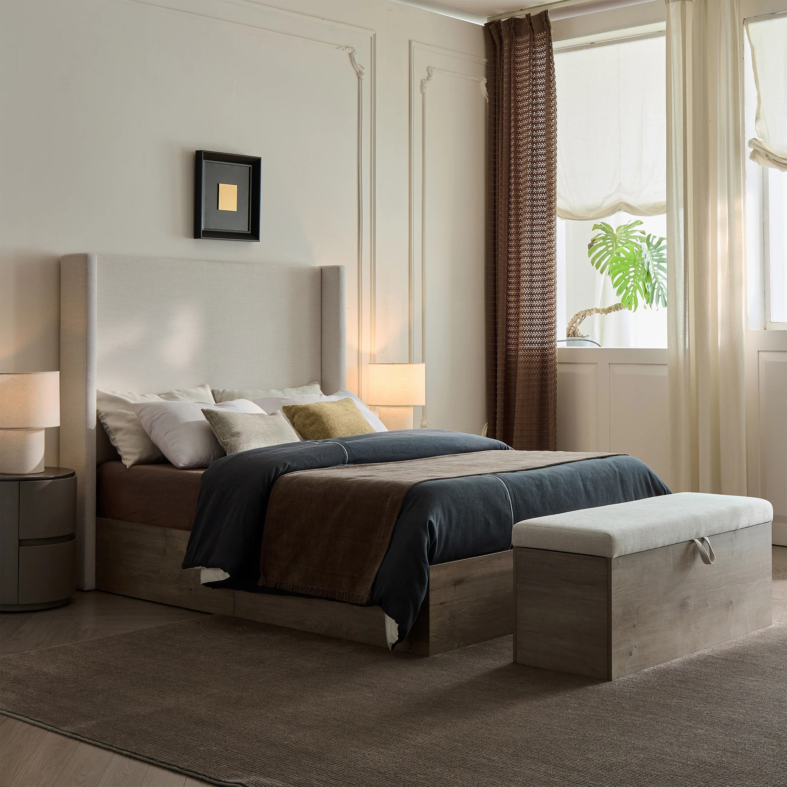 Walker Edison | Shelton 54' Queen Upholstered Wingback Bed and Wood Base