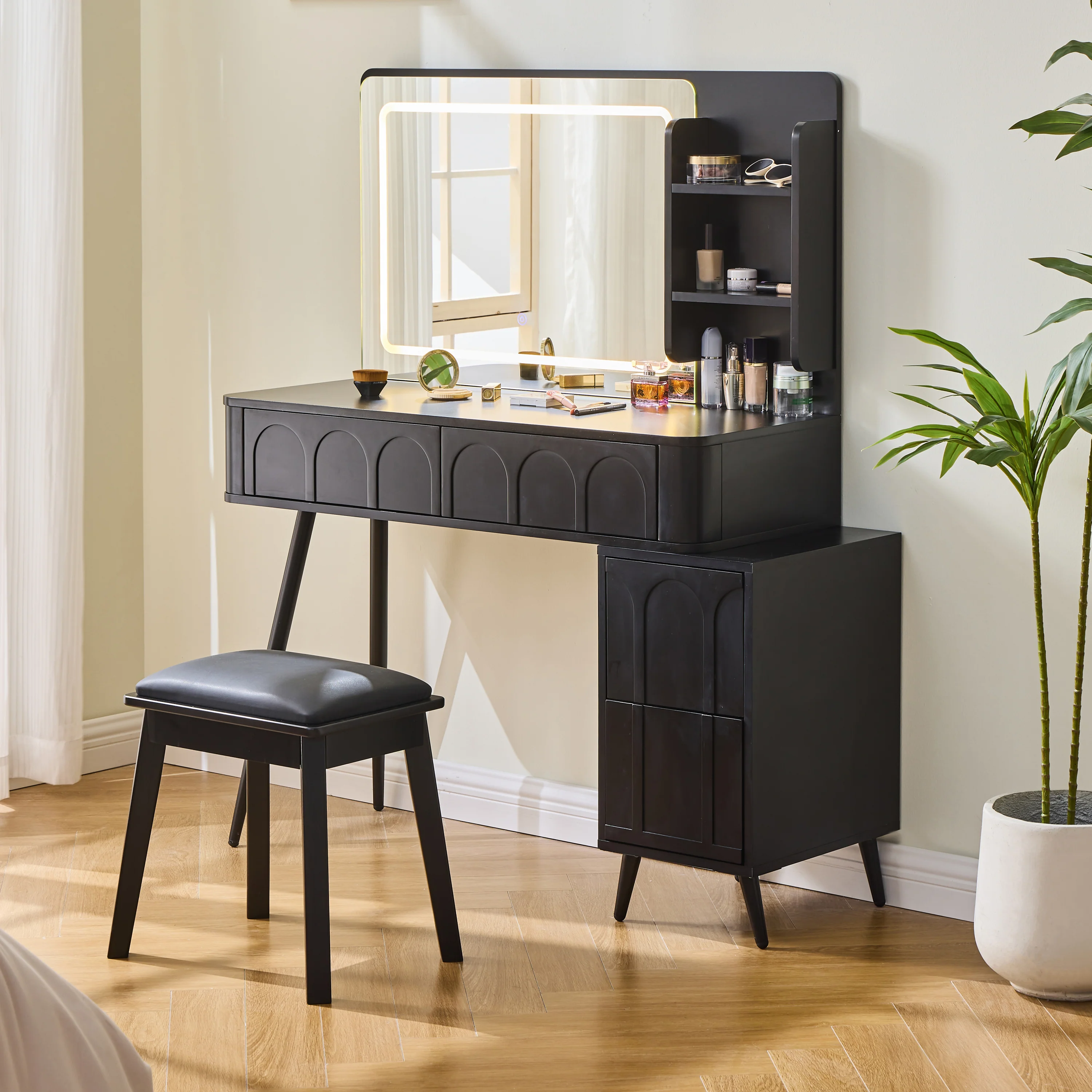 Walker Edison | Modern Makeup Vanity Desk with LED Lights & Mirror