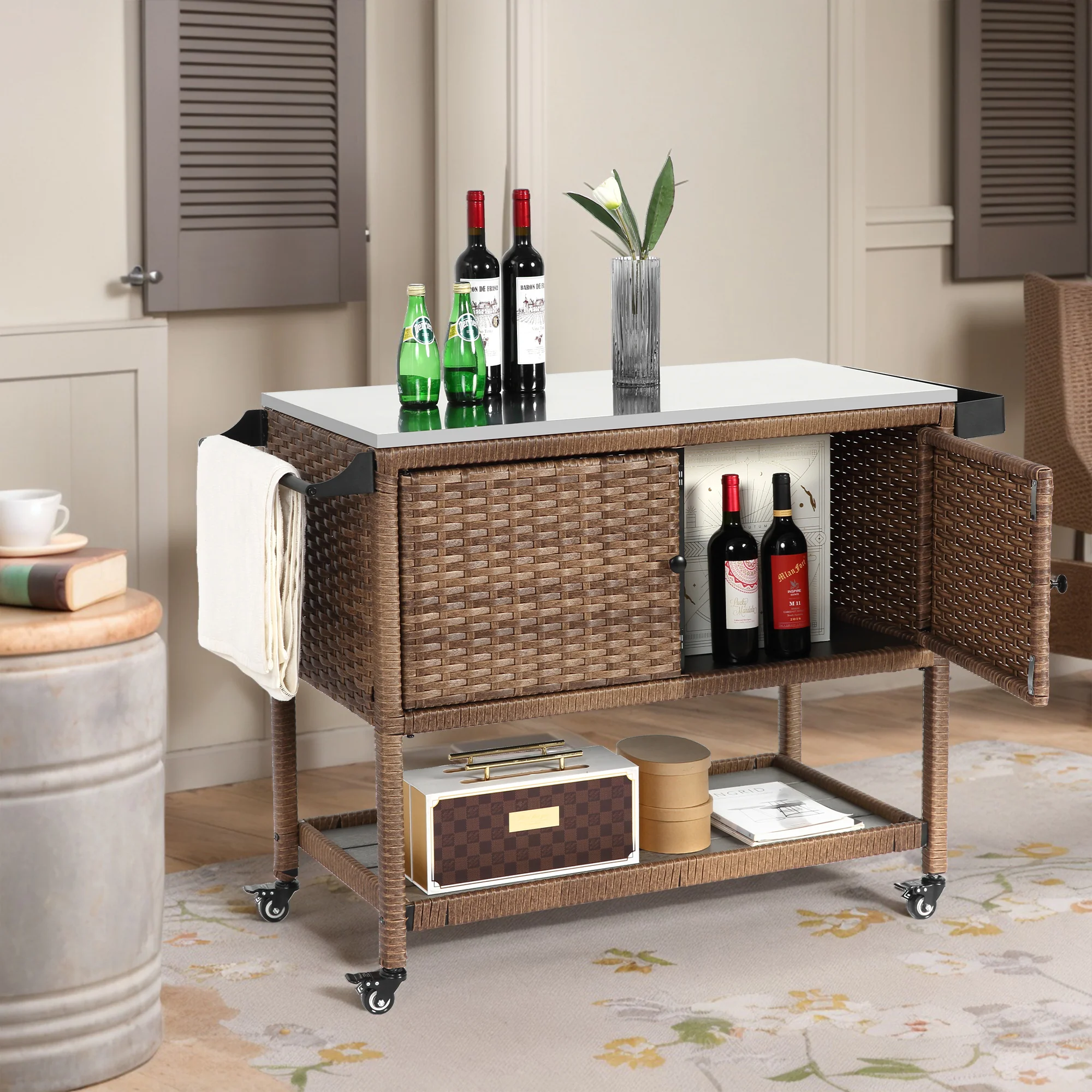 Walker Edison | Outdoor Brown Wicker Bar Cart