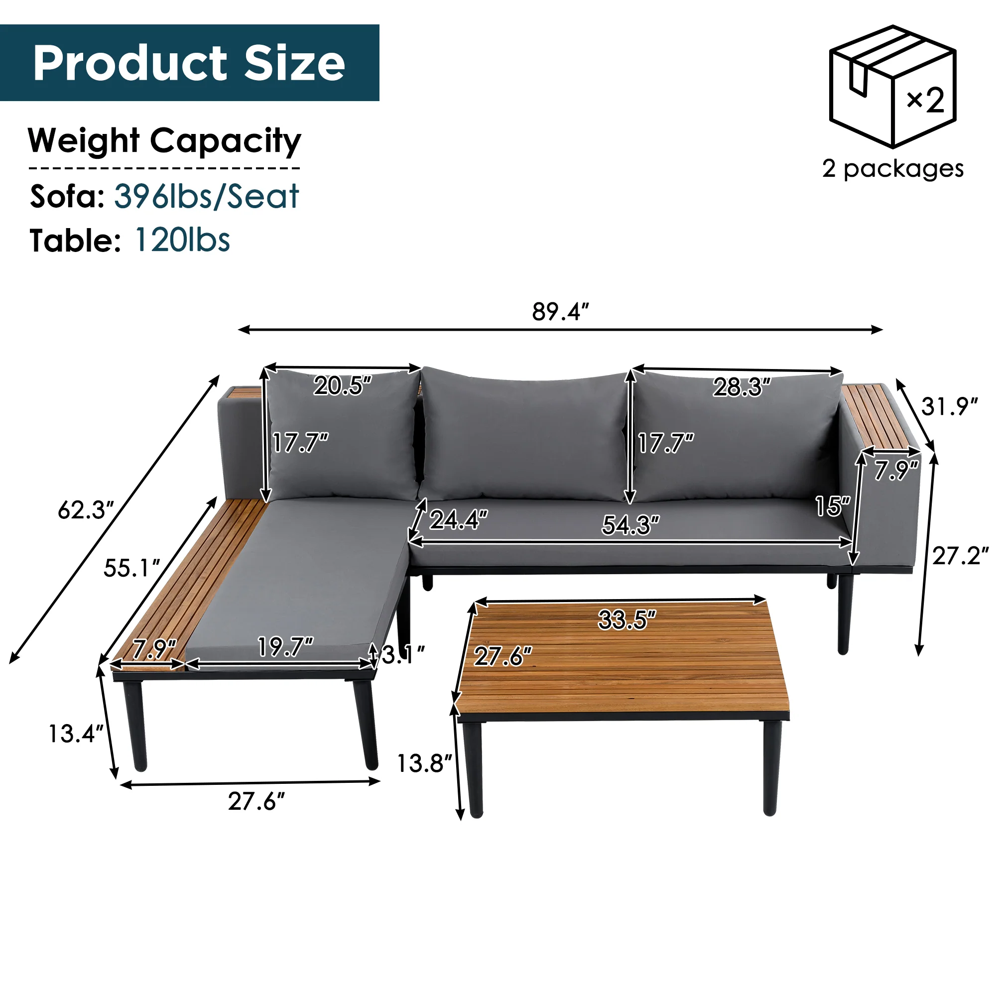 Walker Edison | Acacia Wood Outdoor Patio Sofa Set with Side Table