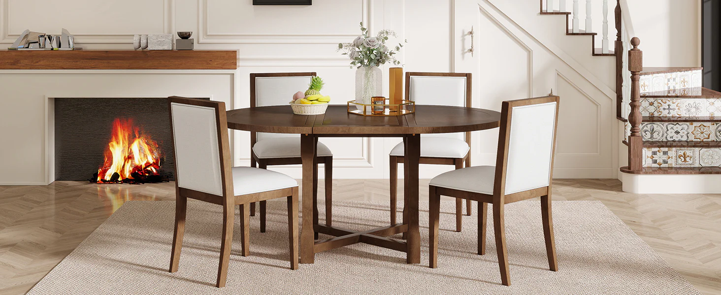 Walker Edison | Farmhouse Kitchen 5-Piece Extendable Dining Table Set for 4 with Upholstered Chair
