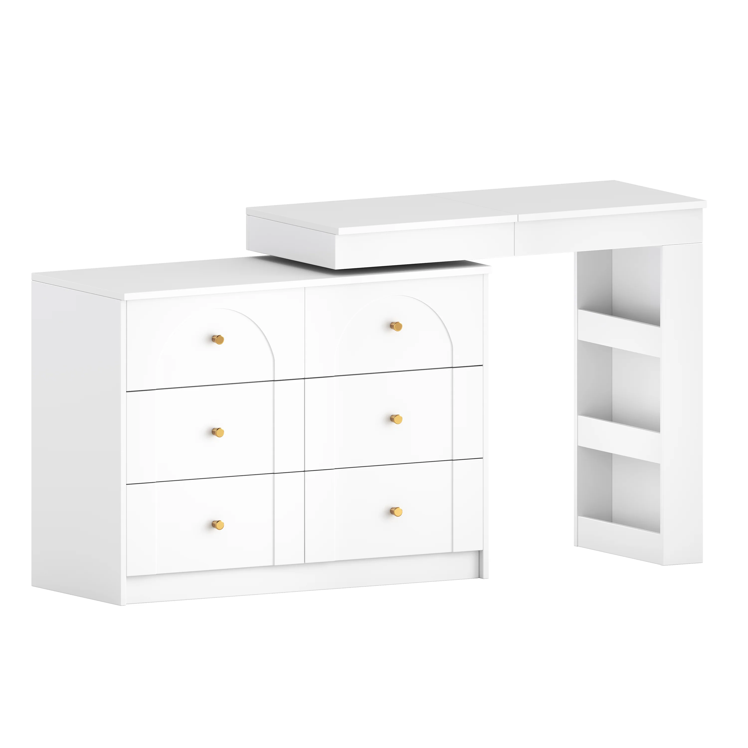 Walker Edison | White Multi-Functional Vanity Desk Dresser Set with Flip Mirror and Lights